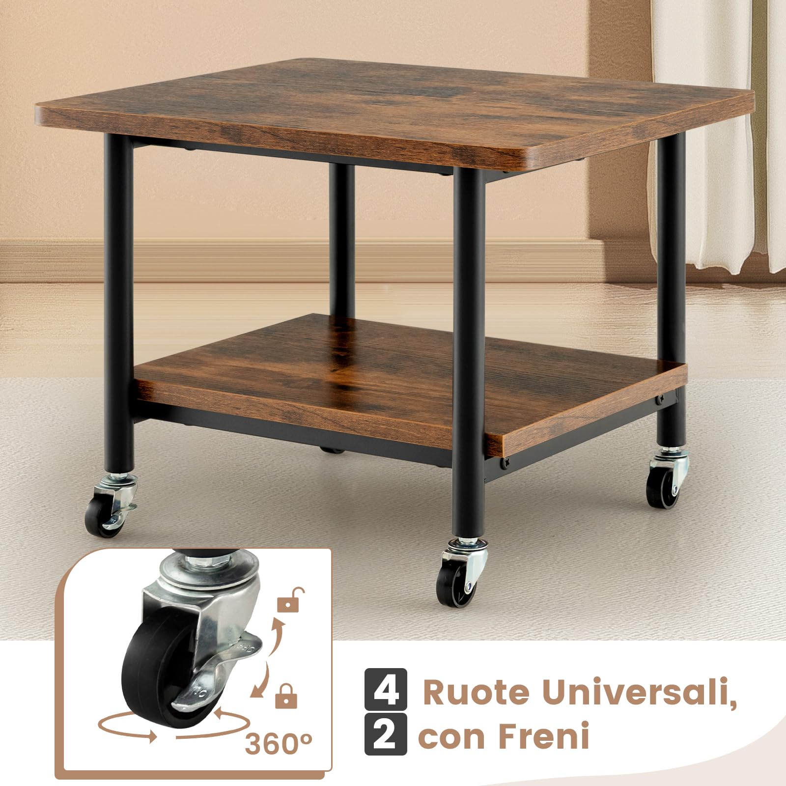 COSTWAY Supporto per Stampante, Carrello Stampante con Ruote Girevoli a 360⁰, Design Rimovibile, Superficie Ampia e Liscia, di Legno e Acciaio, 49 x 40 x 37 cm (Marrone)