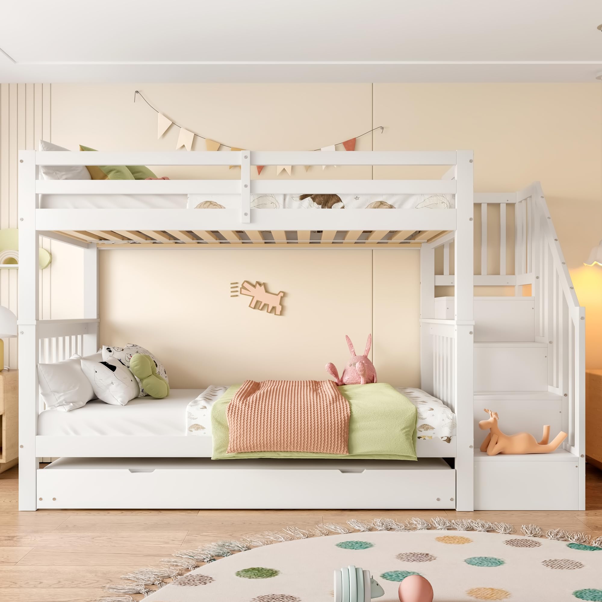 Lettino a castello, 90 x 200 cm, con ripiano per scale, dotato di letto estraibile 90 x 190 cm, rete a doghe, letto per ragazzi con ringhiera alta