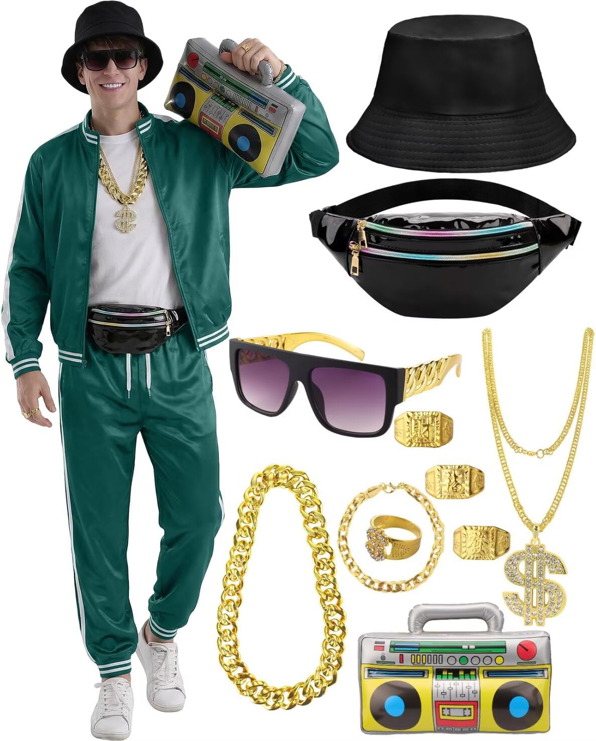 VillbeCoser 80s 90s Outfit for Men Tracksuit Costume, Hip Hop Hat Fanny Pack Ring Bracelet Gold Chain Rapper Sportswear
