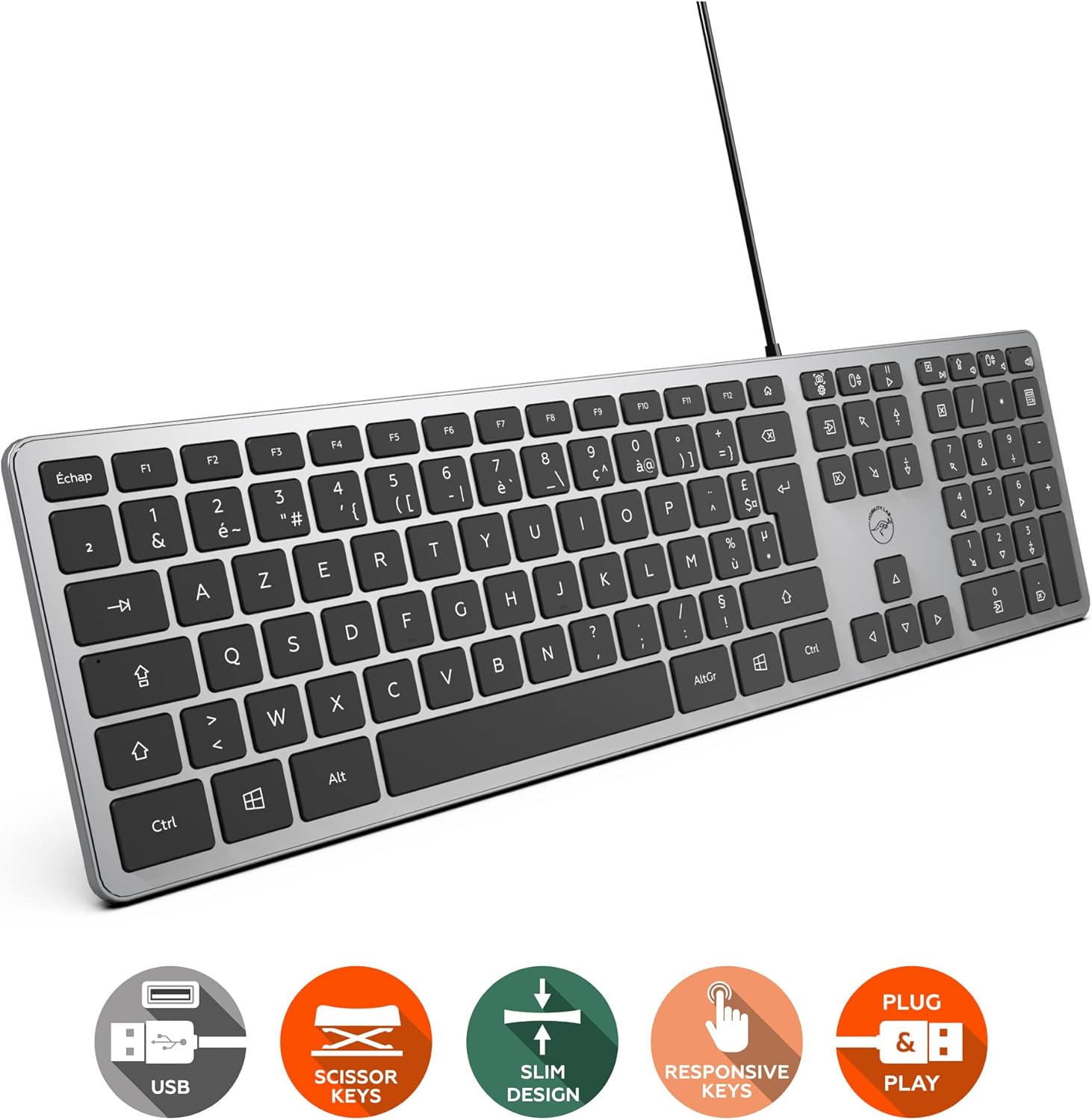 Icons representing USB connectivity, scissor keys, slim design, responsive keys, and plug & play functionality