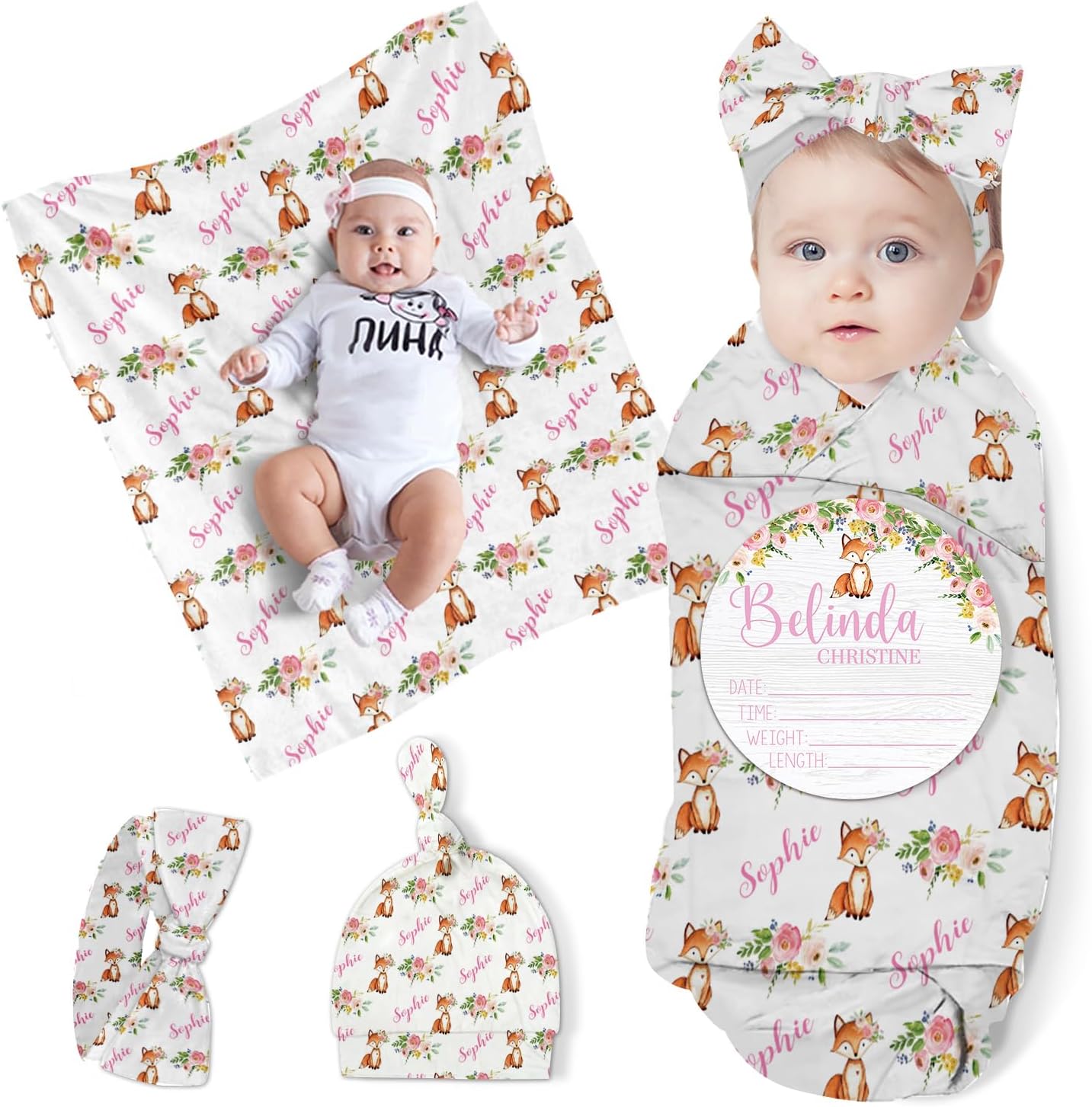 Custom Baby Swaddle Set - Muslin Swaddle Blanket Hat Headband for Infant Baby Girl Boy Personalized Swaddle Blanket Newborn Gift Fox(Fixed Size)