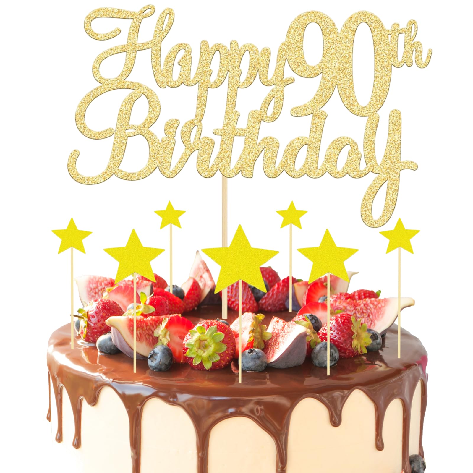 8 Pcs Gold Happy 90th Birthday Cake Topper Set - 1 Main Topper and 7 Star Cupcake Toppers, Glitter Decorations for Anniversary Party Supplies