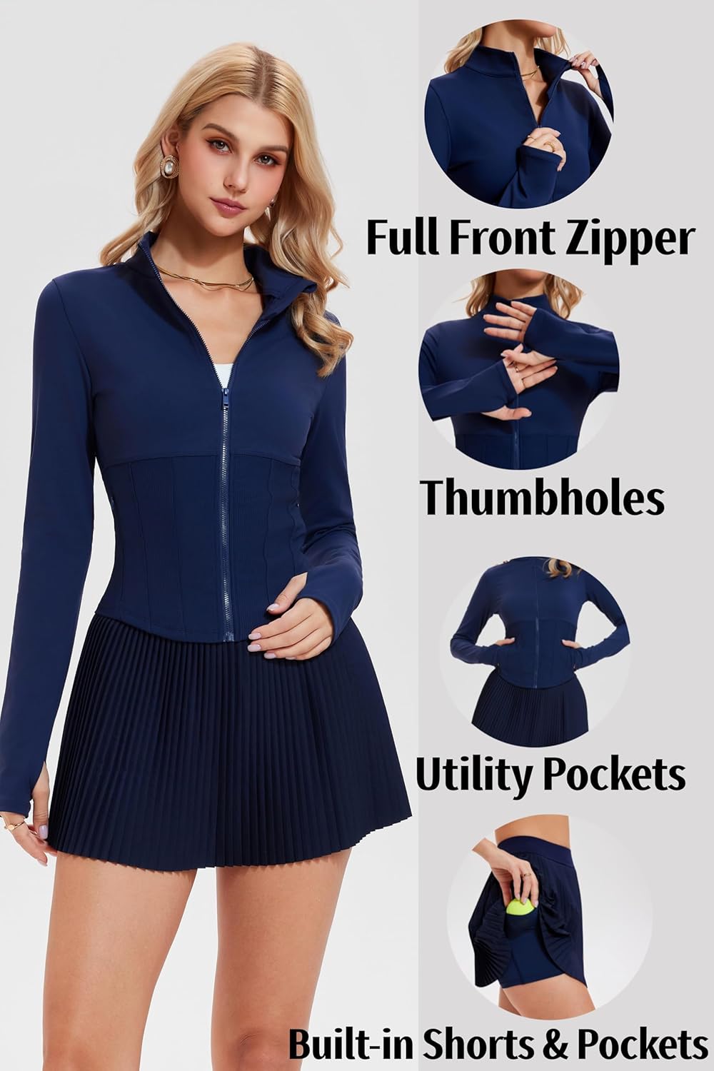 AFZ Two Piece Tennis Skirts Set for Women Long Sleeve Zip Up Workout Jacket with Pleated Mini Skirt Golf Pickleball Outfits