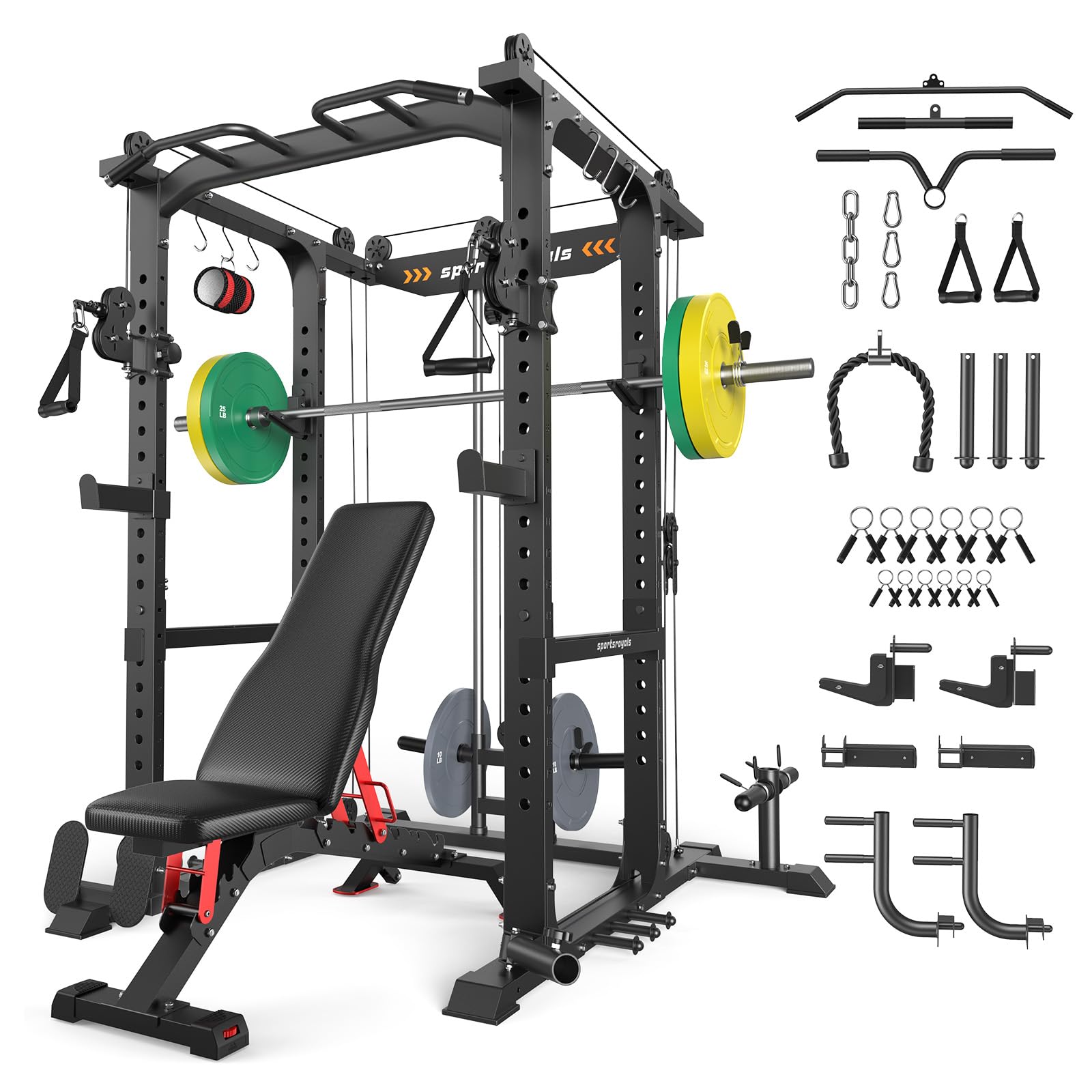 SPORTSROYALS Power Rack, Multi-Functional Power Cage, Squat Rack with Pulley System &amp; LAT Pull Down, Workout Cage with J Hooks for Home Gym