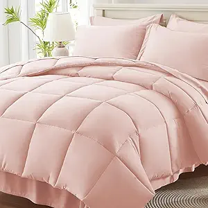Anluoer Full Size Bed in a Bag 7 Pieces, Pink Bed Comforter Set with Sheets, All Season Bedding Sets with 1 Comforter, 2 Pillow Shams, 2 Pillowcases, 1 Flat Sheet, 1 Fitted Sheet