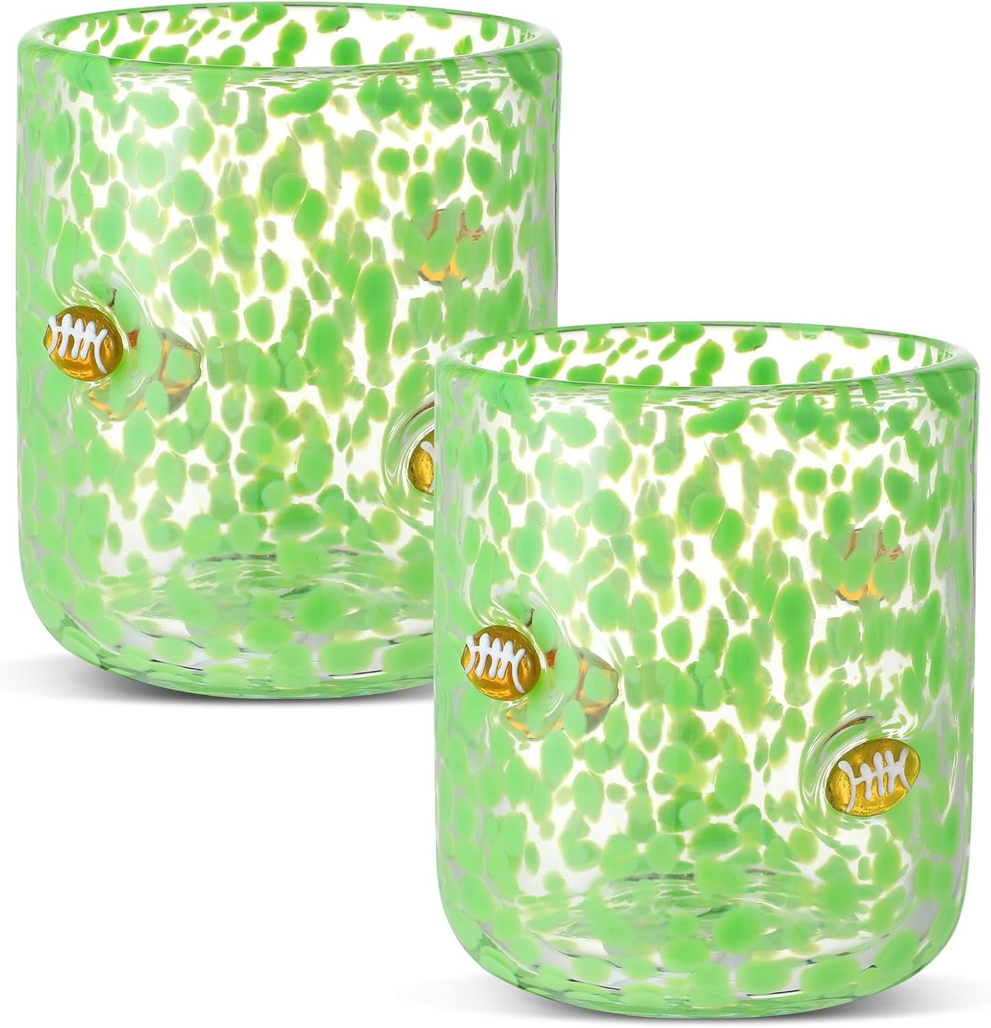 2 PCS Football Party Glass Cups - 14 oz Football Icon Stemless Wine Juice Coffee Drinking Glasses for Game Sports Day Party Supplies Gift (Green)