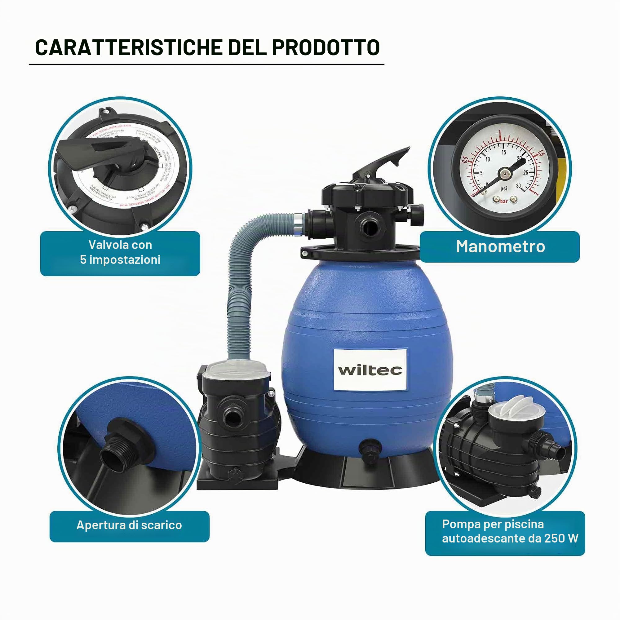 XPOtool Filtro a sabbia per piscina, 250 W, serbatoio filtrante 26 l, pompa piscina autoadescante 10.000 l/h