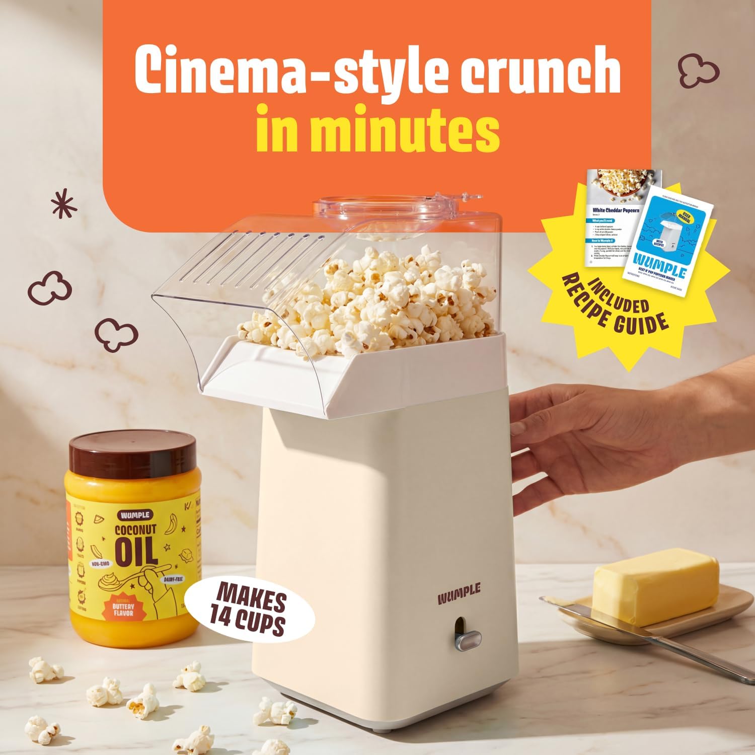 Hot Air Popcorn Machine - 14-Cup Electric Popcorn Popper, Oil-Free, 1200W - Includes Measuring Cup - Home Popcorn Maker for Movie Nights - Cream