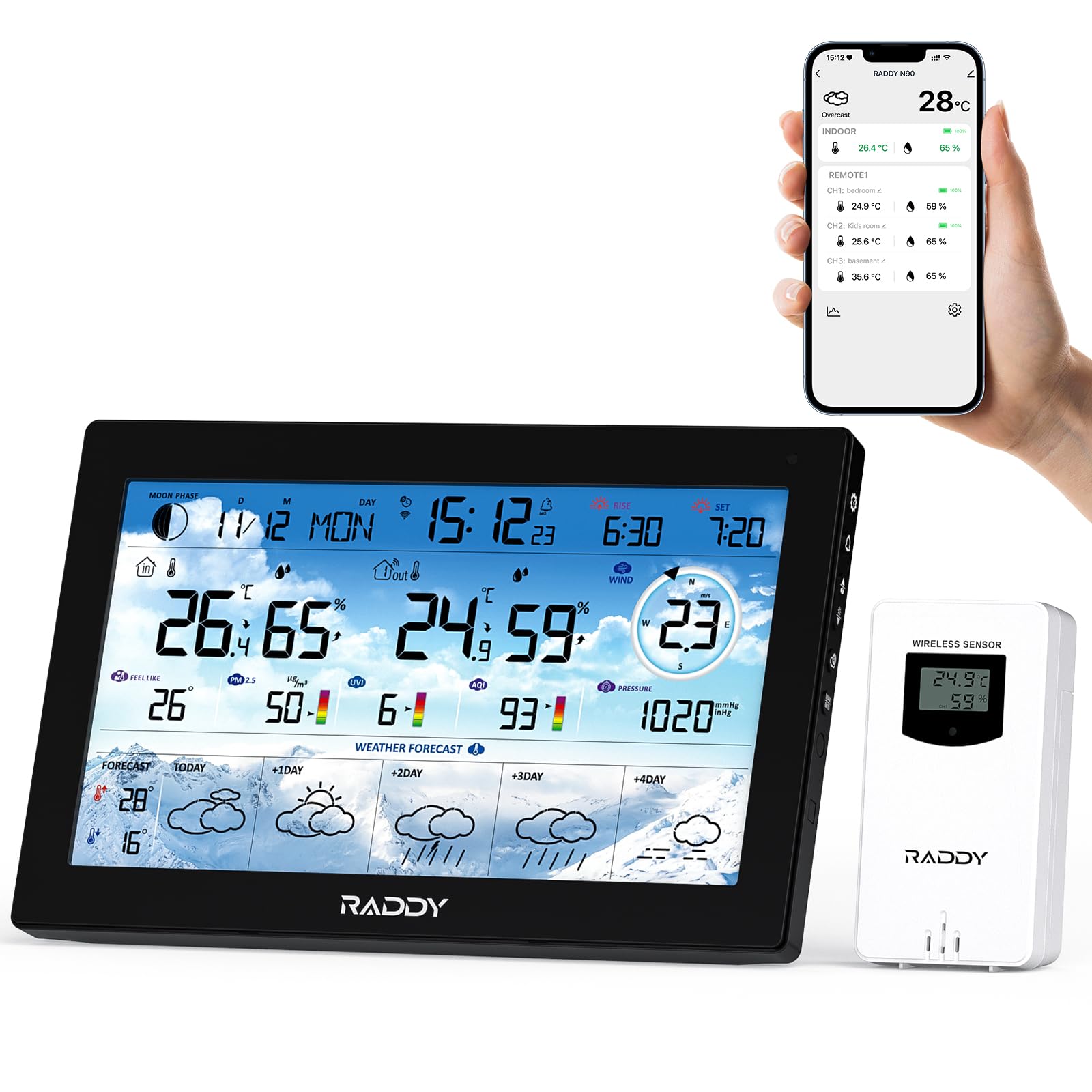 Raddy Stazione meteo WLAN N90 con display HTN da 8,8", connessione app intelligente, termometro interno ed esterno con sensore radio, monitor di temperatura e umidità, indice PM2.5/AQI/UV, previsione