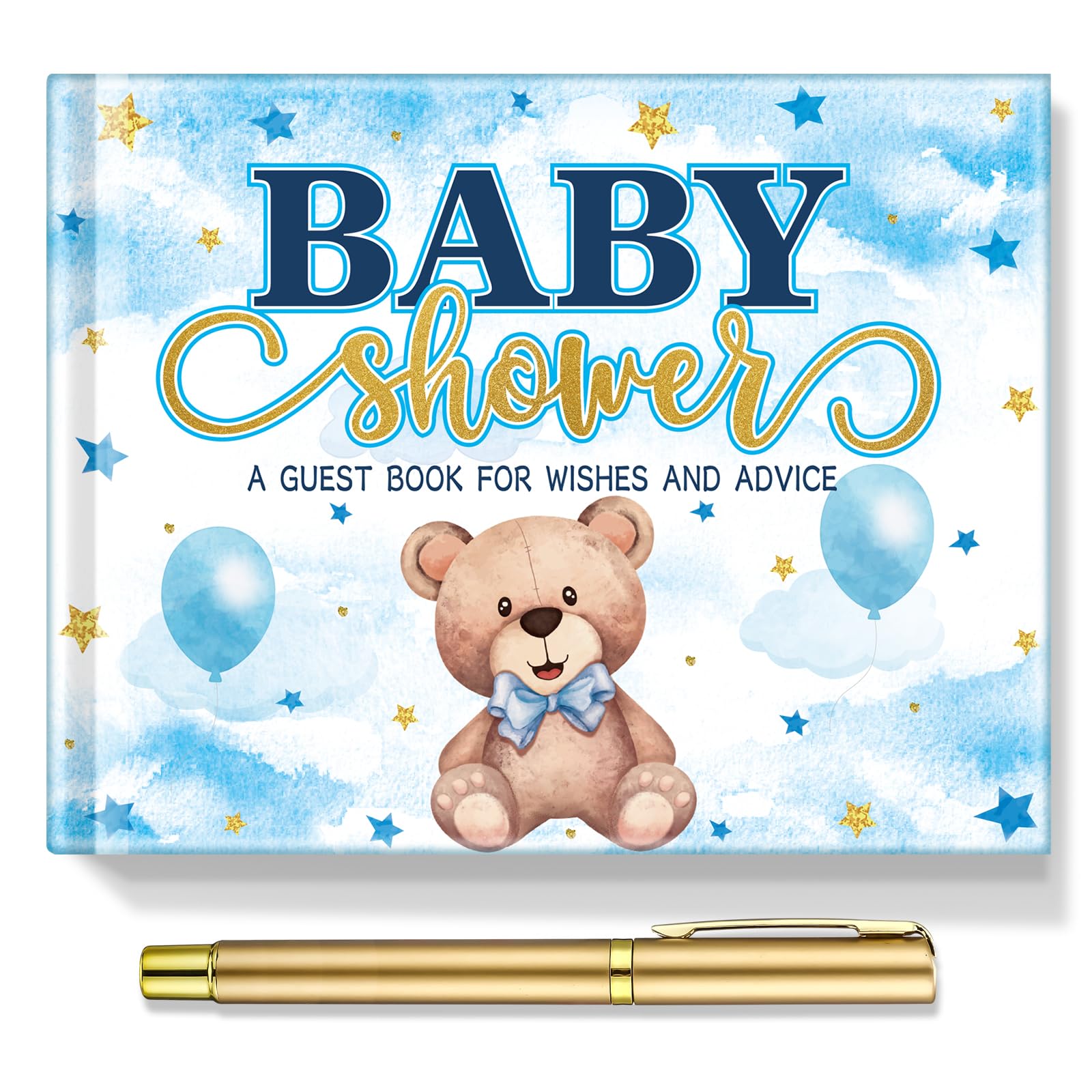 Fuyoooo Zestaw księgi gości na baby shower, niebieski, niedźwiedź, baby shower, 27 szt