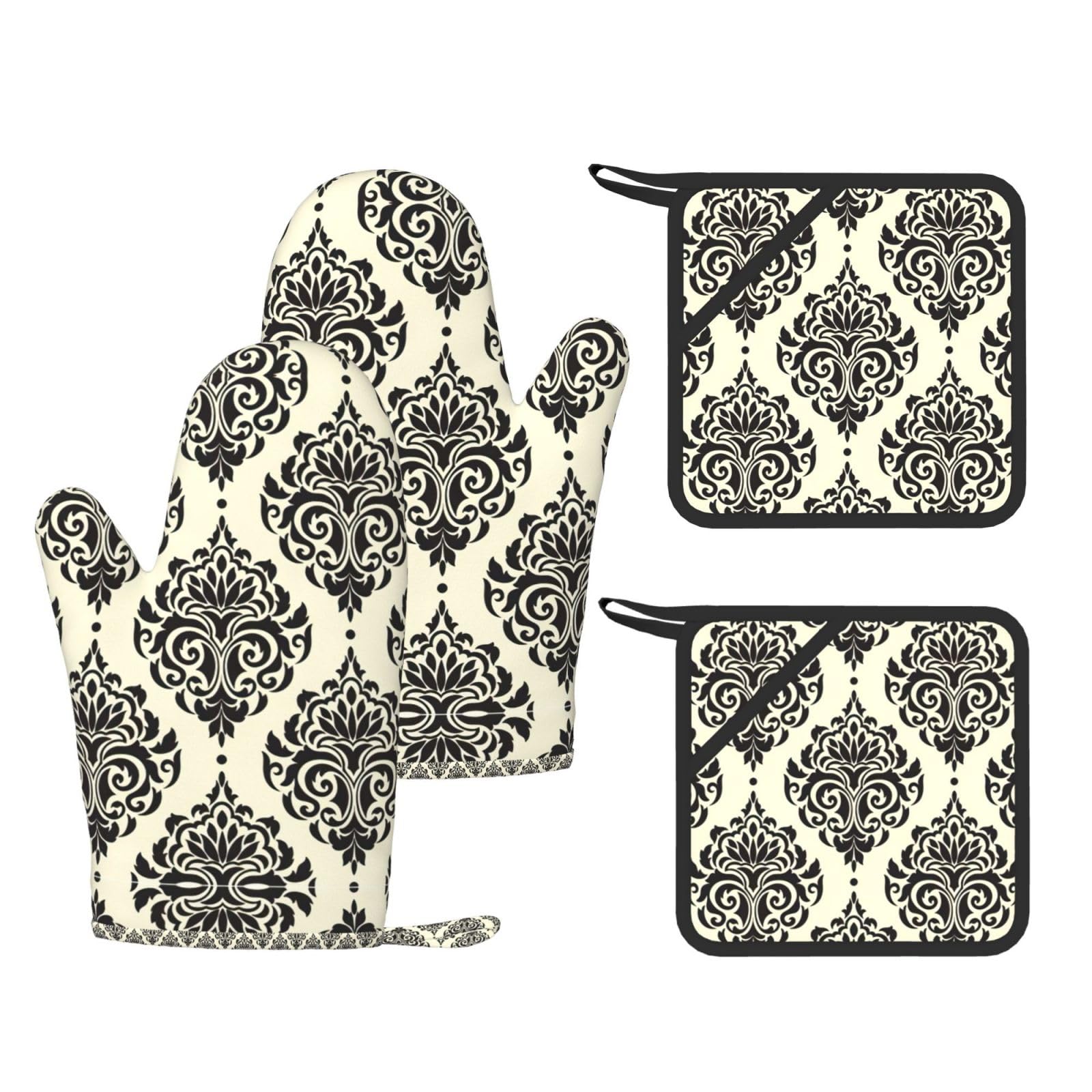 Asian Elephants Printed Pot Holders and Oven Mitts 4-Piece, Non-Slip Kitchen Gloves with Utensil Pocket for BBQ