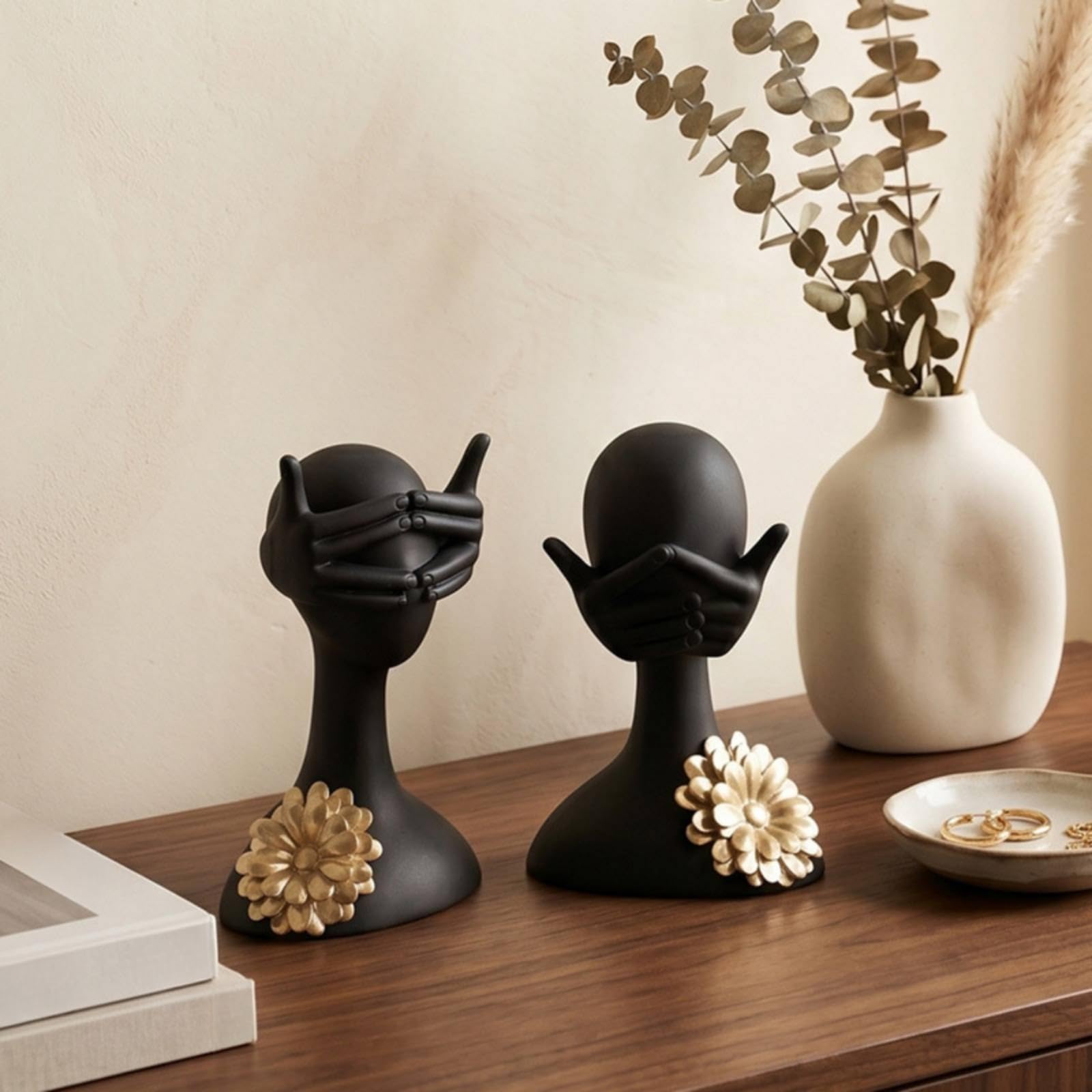 F Fityle Busto con Flor Metálica Dorada Dorado Busto Resina Mate Escultura con Flores para Salón, Estantería, Recibidor, Style to 1