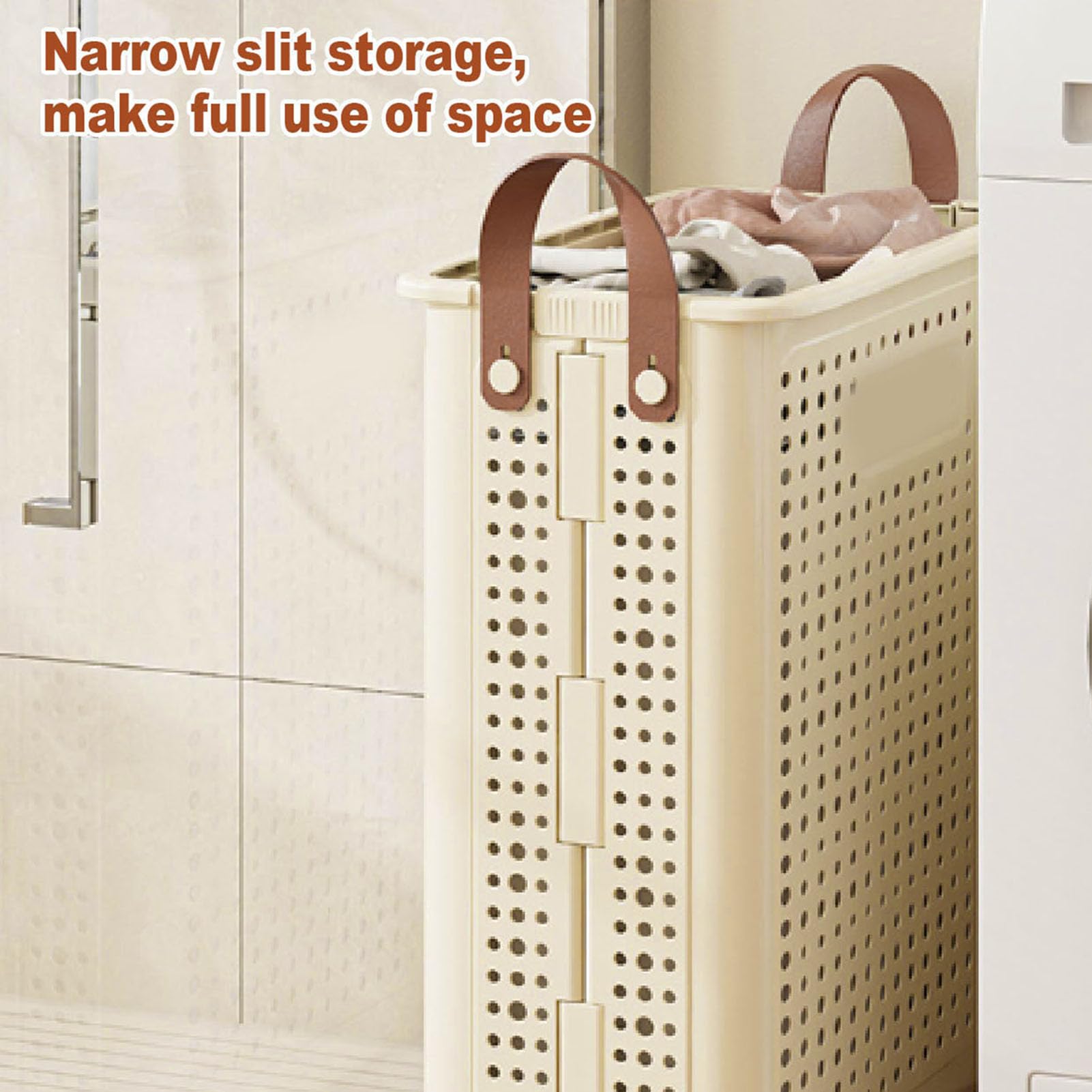 Cesto portabiancheria sottile, pieghevole, salvaspazio, robusto, in plastica PP, stretto, per angolo bagno, bianco crema (Niente ruote)