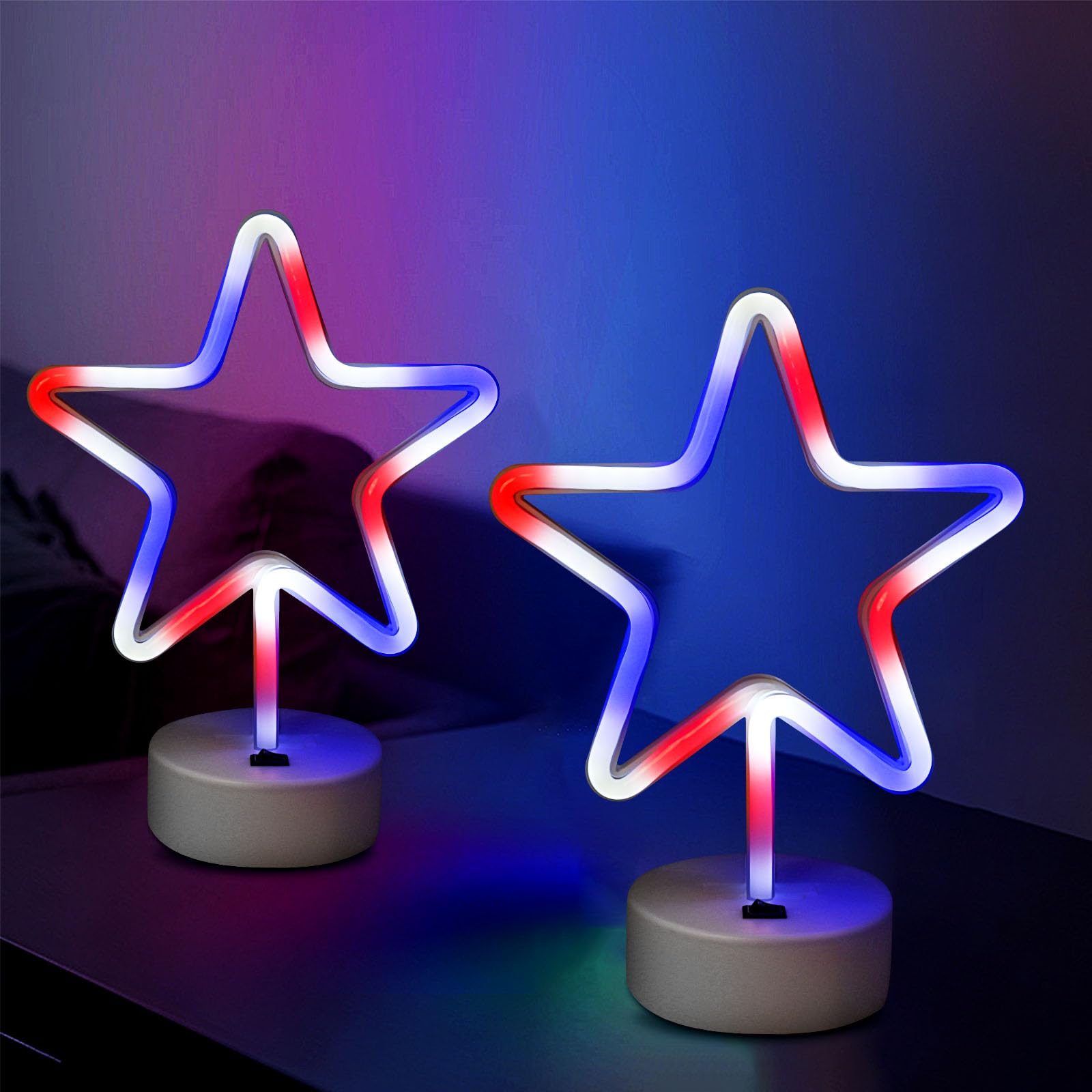 Photo 1 of 2 Pack 4th of July Decorations Patriotic Lights, LED Neon Star Signs Battery/USB Powered, Red White Blue Lights with Base for Home, Tabletop, Desk, Mantle, Room, Centerpiece Independence Day Decor