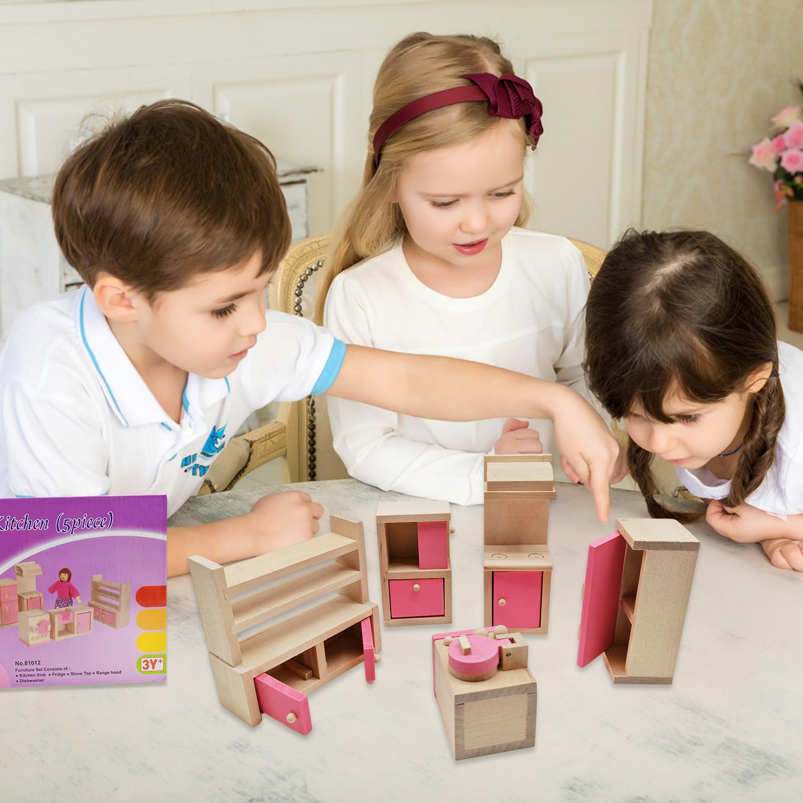 Wooden Doll House Furniture Pretend Play Kitchen Furniture for Kids Childs Gifts Family (Kitchen), Pink, Small - Image 3