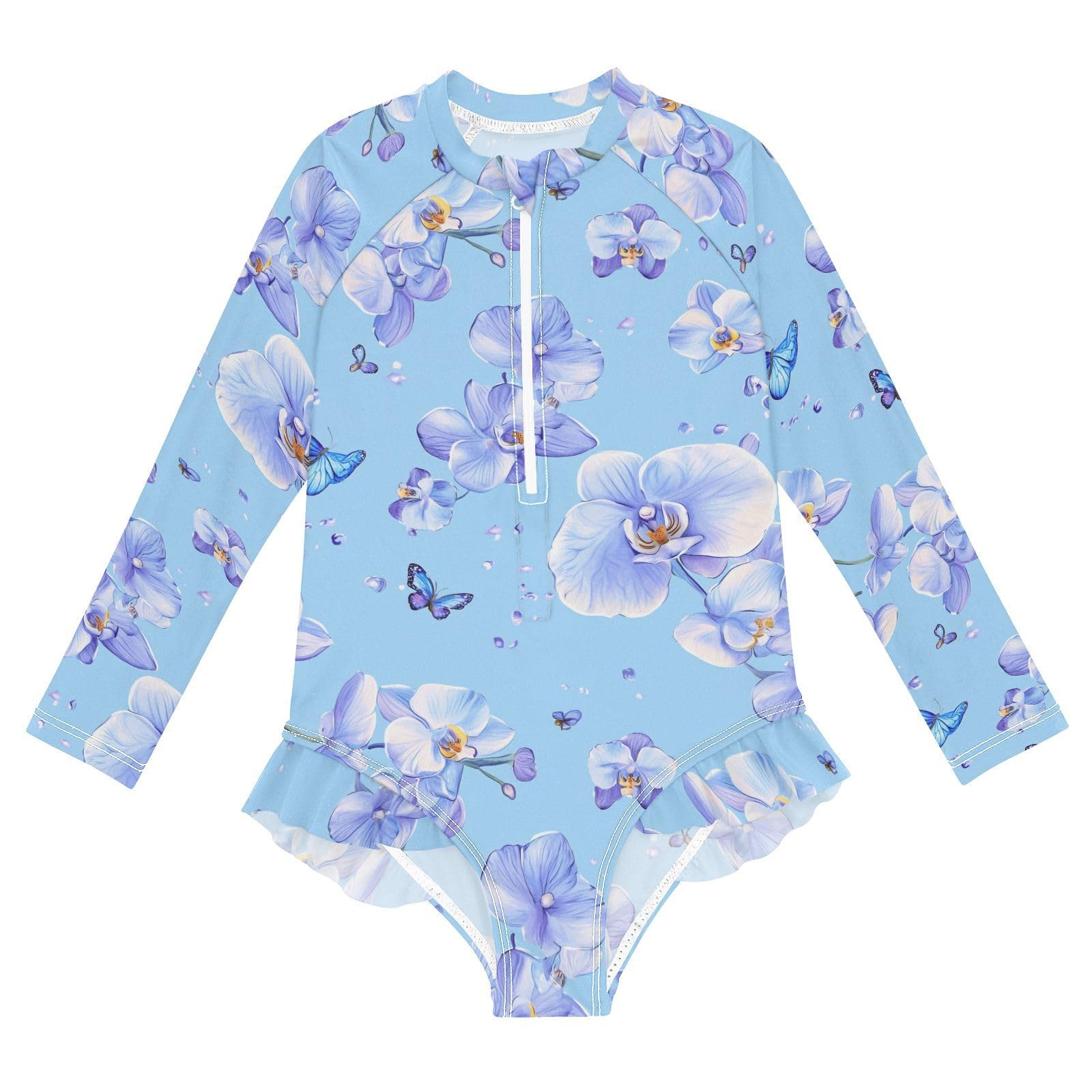 KLL Beauty Orchid Blue 1 Piecing Girls Swimsuit Long Sleeve Girls Swimsuits Rashguard Toddler Bathing Suit 4T
