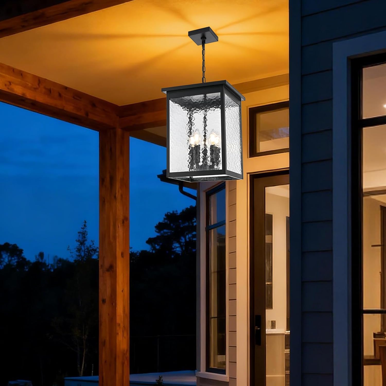 5-Light Black Large Outdoor Pendant Light Fixture, Adjustable Height Outside Hanging Porch Lighting, Exterior Ceiling Mount Lamp with Hammered Glass Panel, E12 Bulb Base