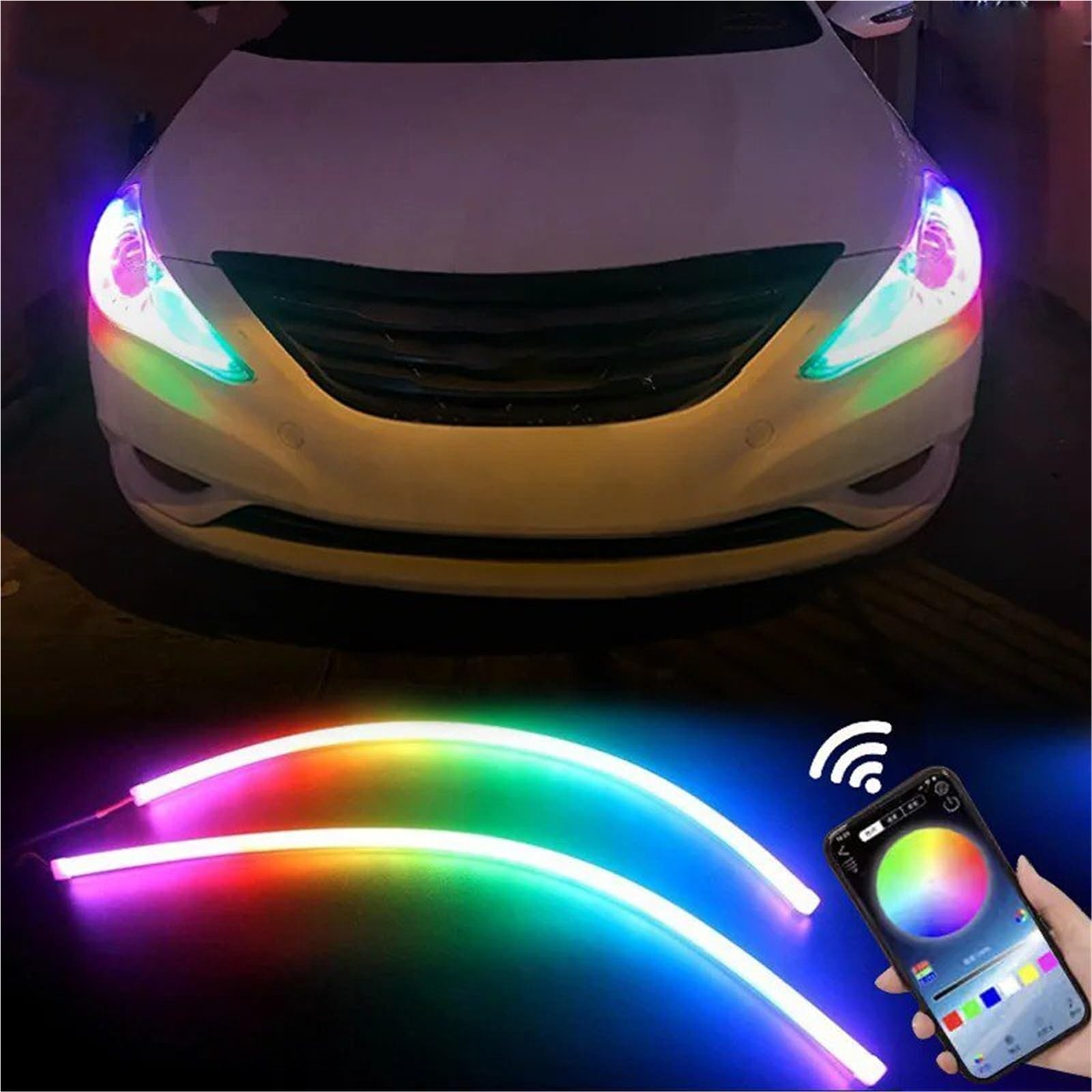 12V 2 Pièces DRL Voiture LED Feux Jour APP Contrôle Flexible RGB Symphonie Coulant Clignotant Bande Phare Lampe Décorative Clignotants LED(30cm)