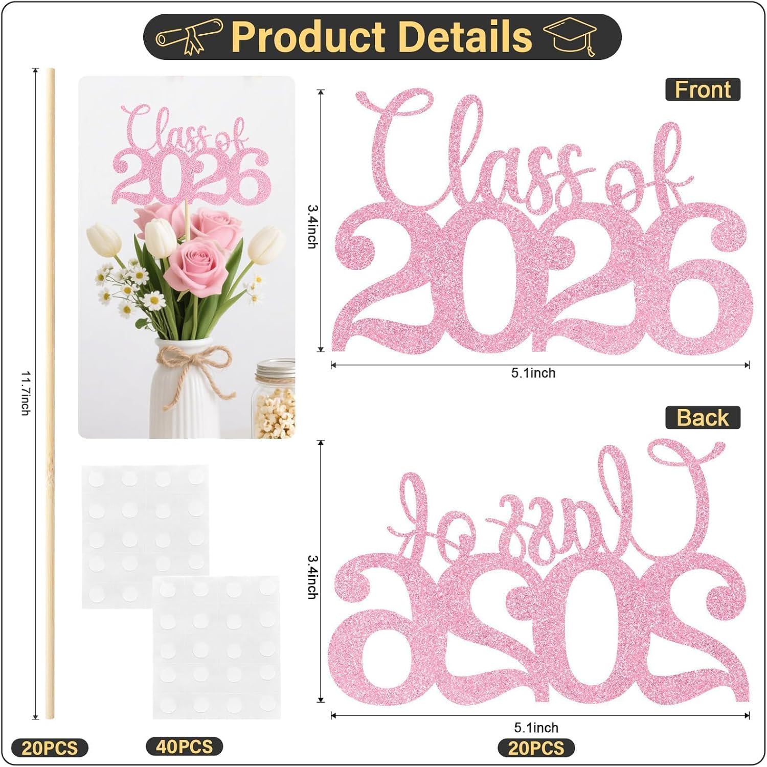 Graduation Decorations 2026, 20Pcs Pink Graduation Centerpieces for Tables Decorations, Pink Class of 2026 Grad Party Supplies
