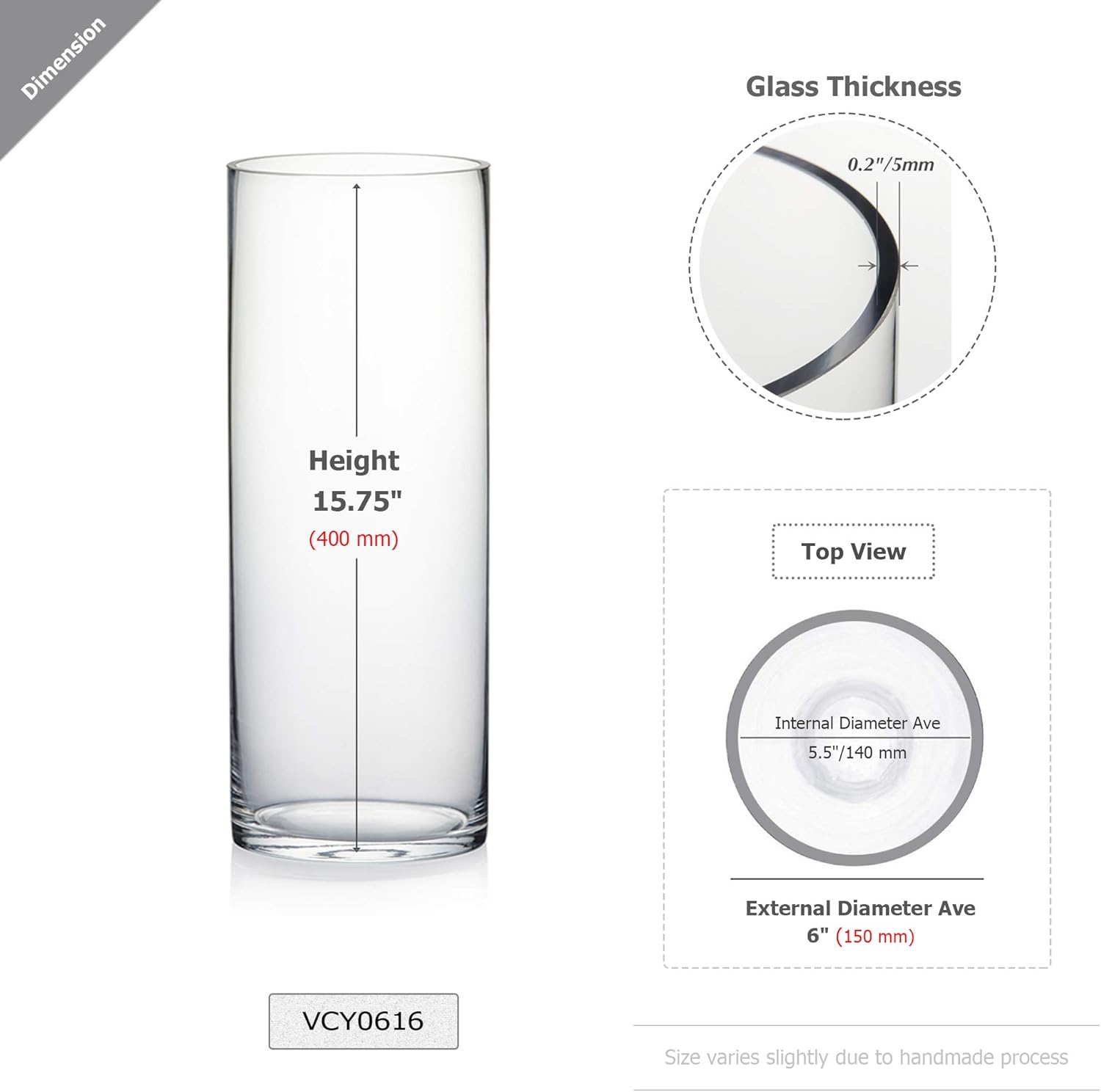 WGV Cylinder Vase, Width 6", Height 16", Clear Glass Container Terrarium Candle Holder for Wedding Centerpiece, Party Event, Home Office Decor, 1 Piece