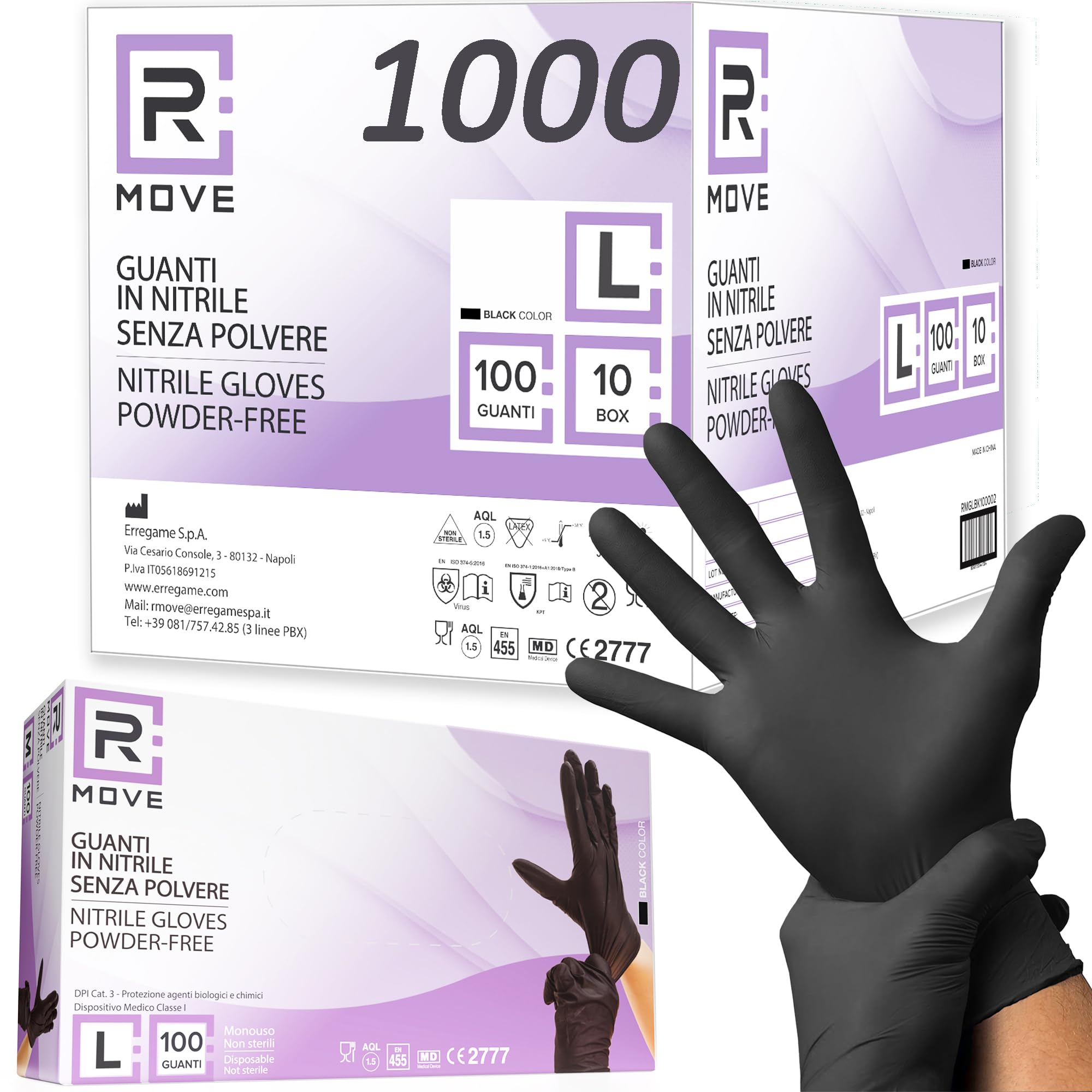 R MOVE 1000 gants nitrile noir L, gant jetable sans poussière, sans latex, gant noir hypoallergéniques, 10 boîtes de 100 gants jetables, gant alimentaire cuisine jetable