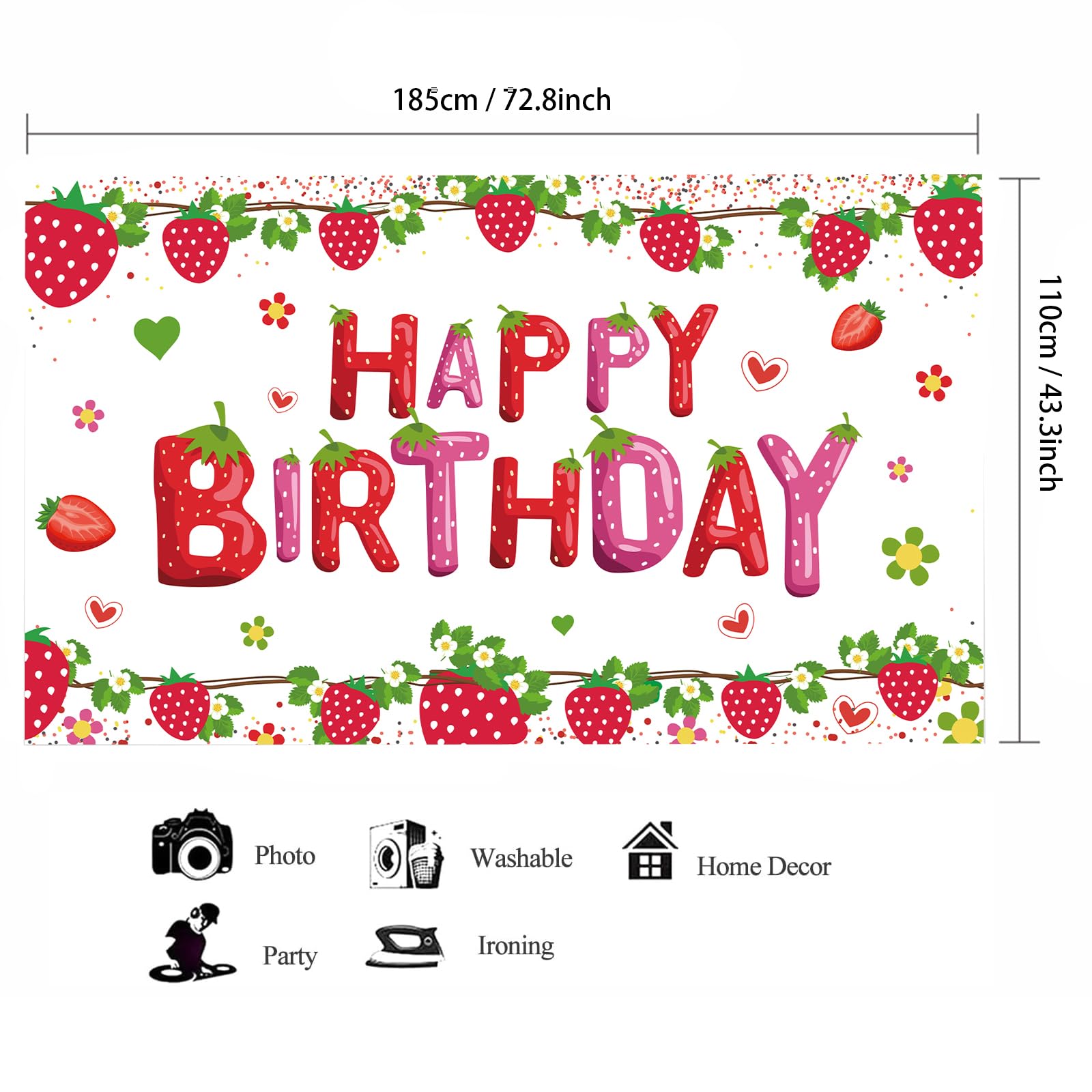 SMENGGIL Red Green Strawberry Happy Birthday Banner Backdrop Photography Background Hanging Birthday Party Decorations Supplies for Kids Girls Womens Adults Strawberry Theme Birthday Decor 72.8*43.3in