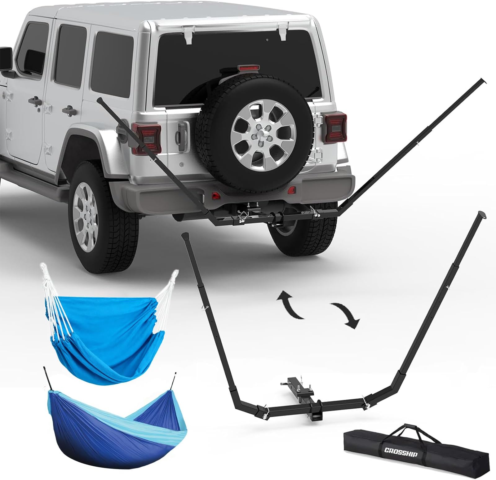 Hitch Mount Hammock & Chair Stand - Fits 2in Hitch Receiver - Includes Parachute Nylon Hammock, Hammock Chair & Storage Bag - for Camping, Outdoor, Travel (350lbs Weight Capacity)