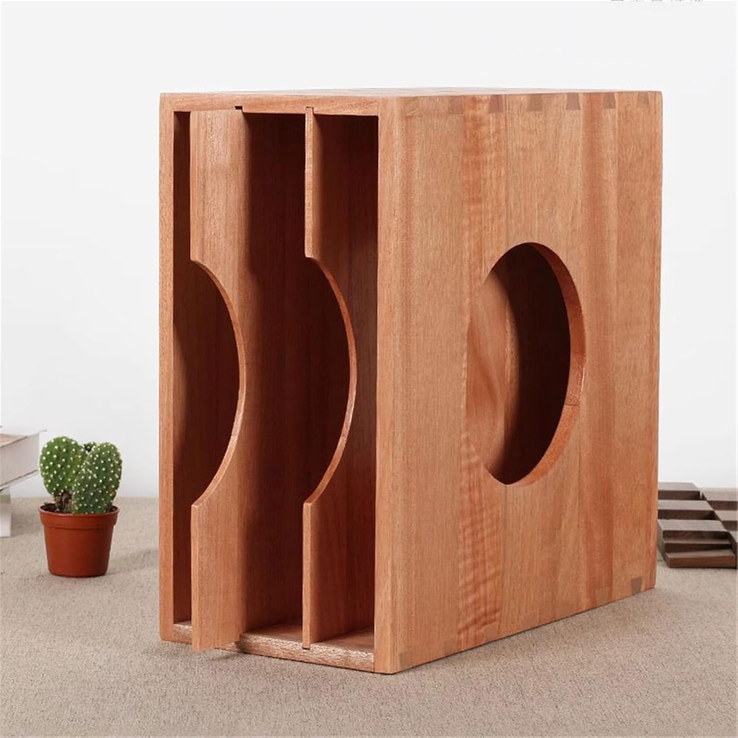 CD Storage Rack Tabletop Three Compartment Vinyl Record Rack Wooden CD Albums Box with Pull-Out Shelves