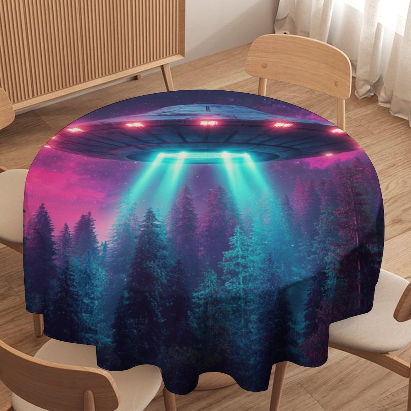 LUYYSKY Cool Realistic Funny Spaceship Waterproof Round Tablecloth Rustic Abstract Starry Sky Galaxy Pine Forest UFO Washable Table Cover for Kitchen-91.4" Wx91.4 L cm