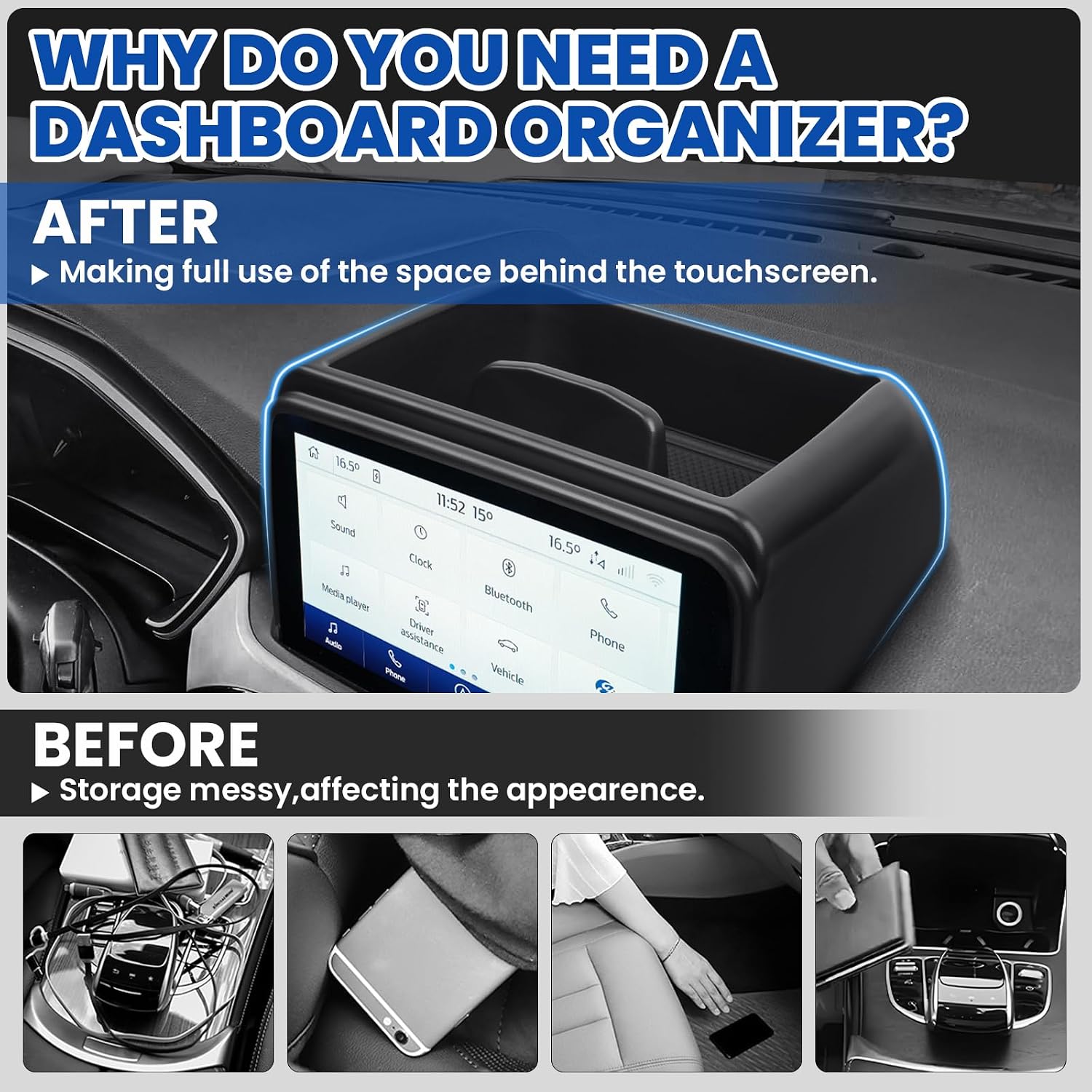 Autorder Center Console Dash Organizer for 2020-2025 2026 Ford Escape Accessories 8-inch Dashboard Insert Tray with Cellphone Holder Storage Box with Anti-Slip Mat(Not fit 13.2-Screen)