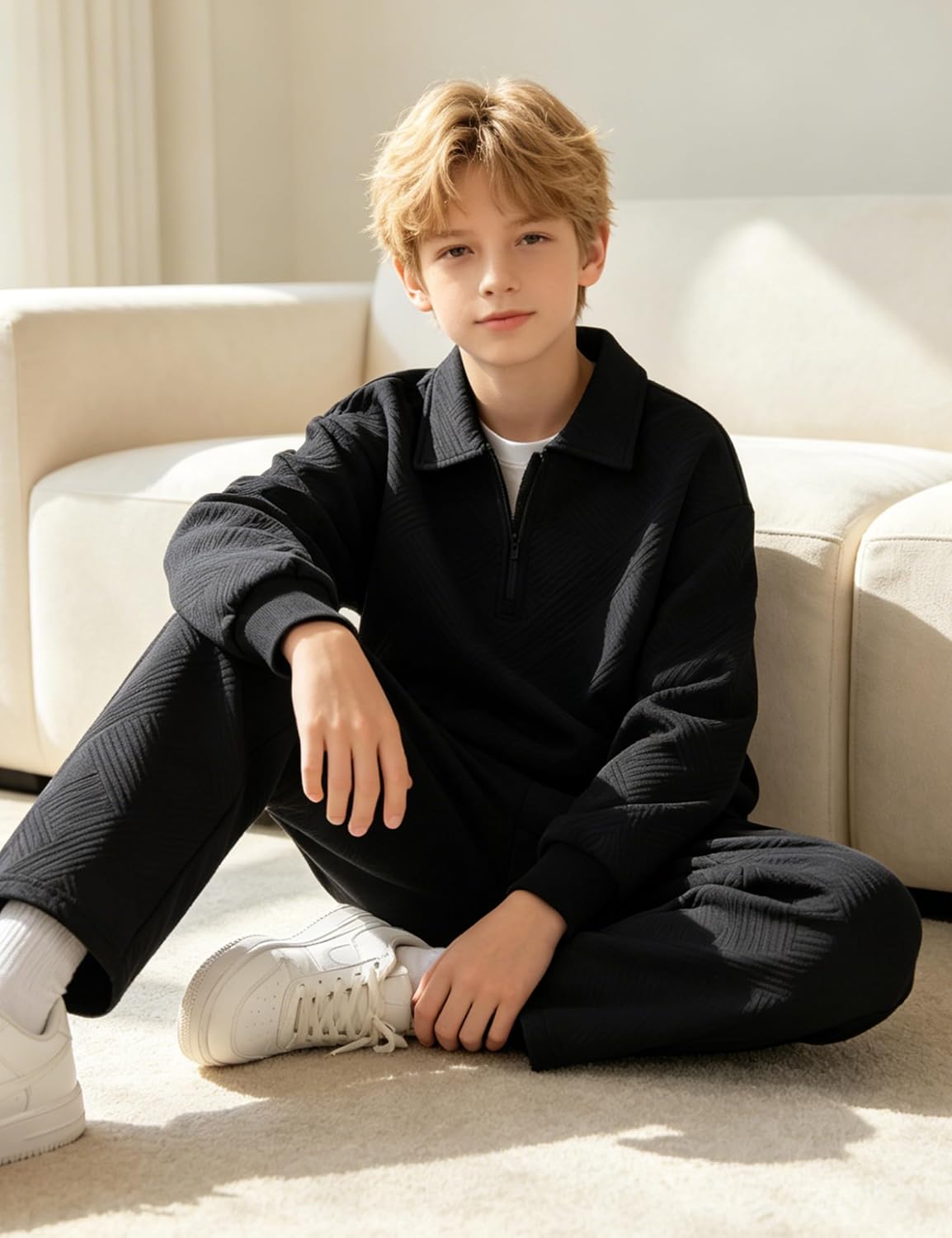 Boys 2 Piece Outfits Polo Quarter Zip Sweatshirt and Pants Set
