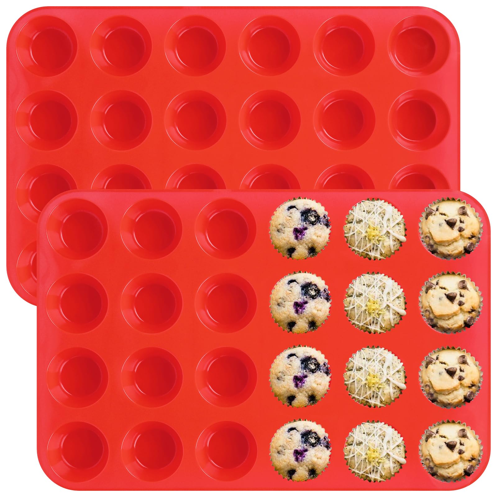 Sakolla 2Pack Mini Muffin Silicone Molds 24 Cups Silicone Egg Bite Molds, Nonstick Silicone Molds for Baking Custard, Chocolate, Cupcakes, Puddings