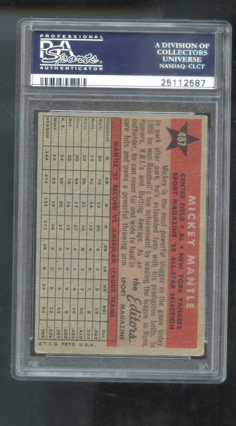 1958 Topps #487 Mickey Mantle All-Star Sport Magazine AS PSA 4 Graded Baseball Card MLB New York Yankees