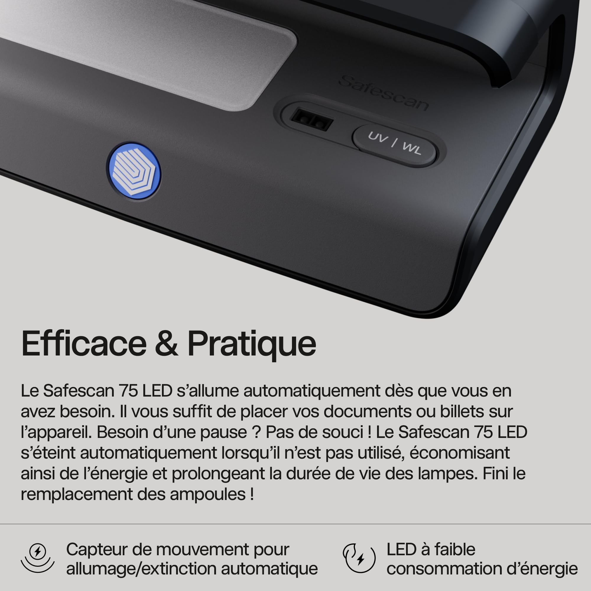 Safescan 75 LED Détecteur de faux billets UV & lumière blanche ultra-lumineuse – Détecteur de faux billet vérifie aussi cartes bancaires et ID – Machine à billet avec triple détection – Détecteur UV