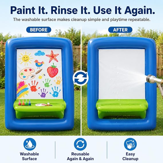 Inflatable Art Easel for Kids, Double-Sided Outdoor Paint Station with Pump, Washable & Reusable