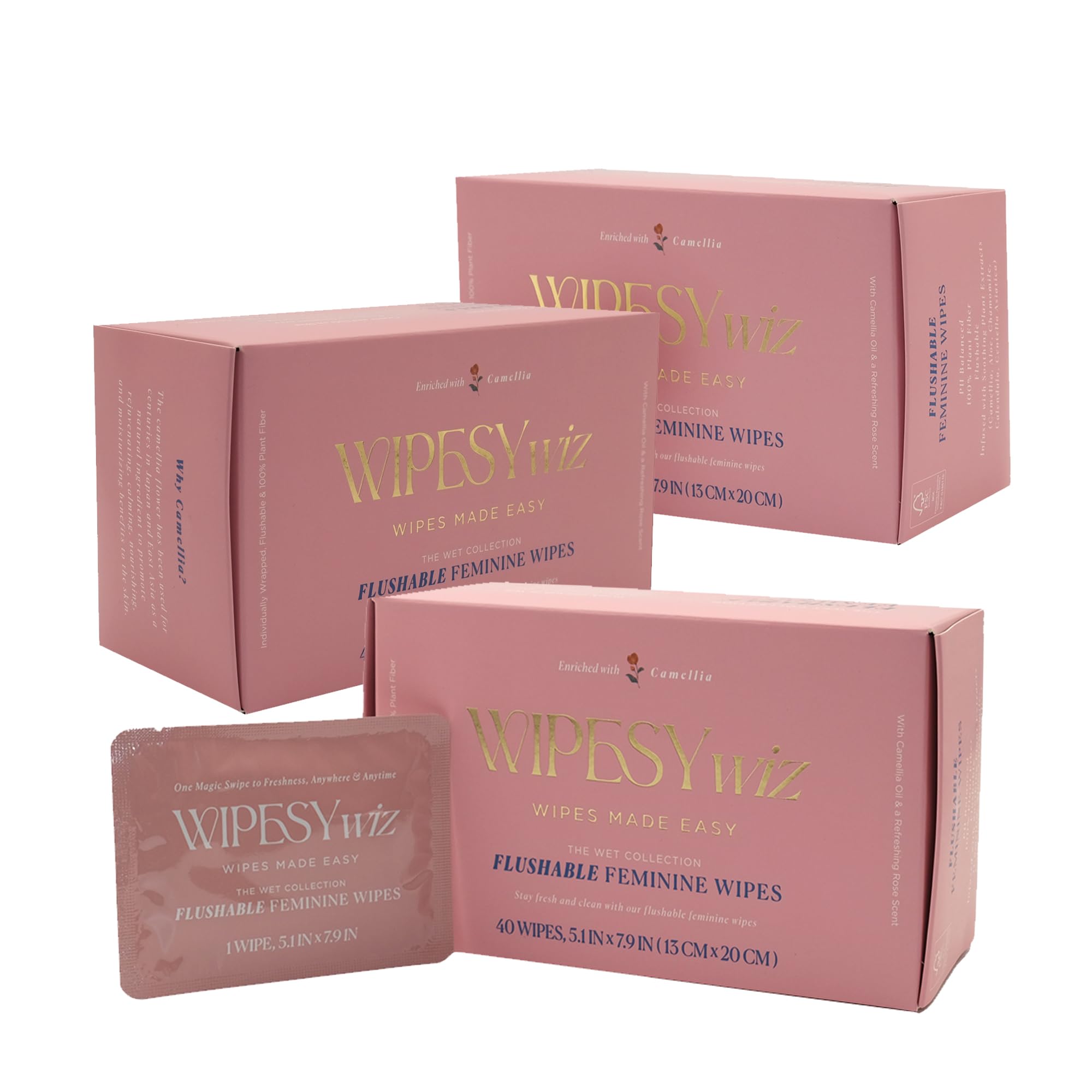Flushable Feminine Wipes 3 Pack 120 Count Total Individually Wrapped Intimate Wipes pH-Balanced Odor Block Infused w Camellia