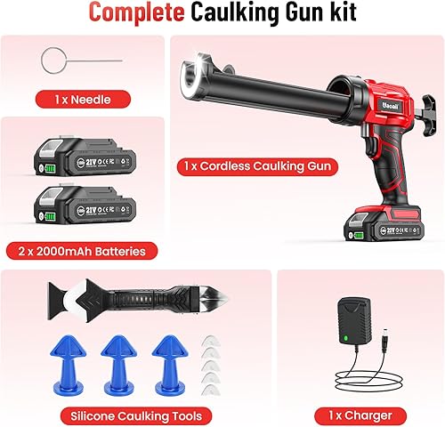 Vista 19 de Pistola de calafateo eléctrica, pistola de calafateo inalámbrica con 2 baterías de 2000 mAh, 9 herramientas de calafateo de silicona, 4 velocidades