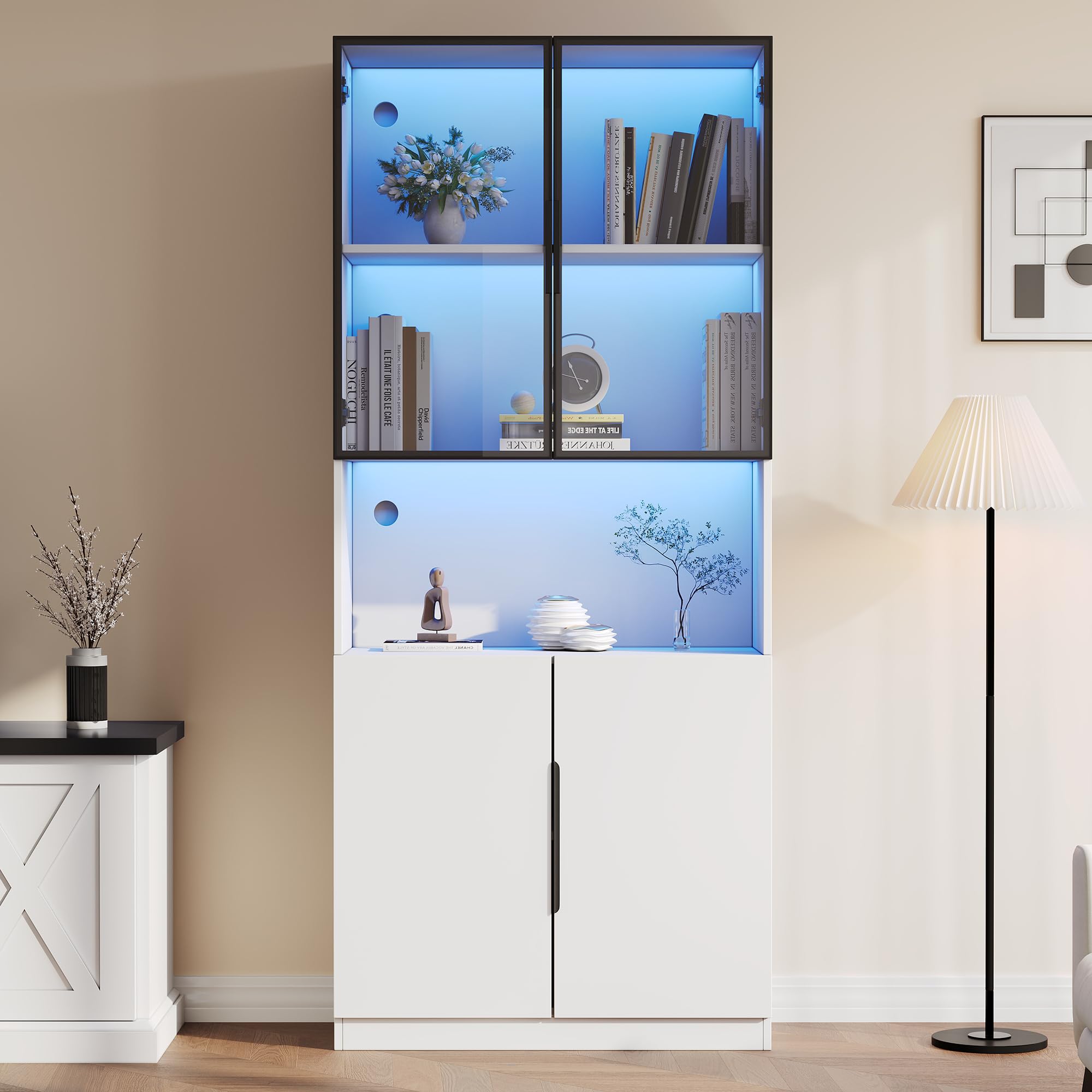 Vitrine en verre, bibliothèque, armoire de rangement, vitrine de collection, armoire de salon, armoire haute, vitrine LED, blanc, 80 x 30 x 200 cm, avec portes en verre, cloisons réglables, commande