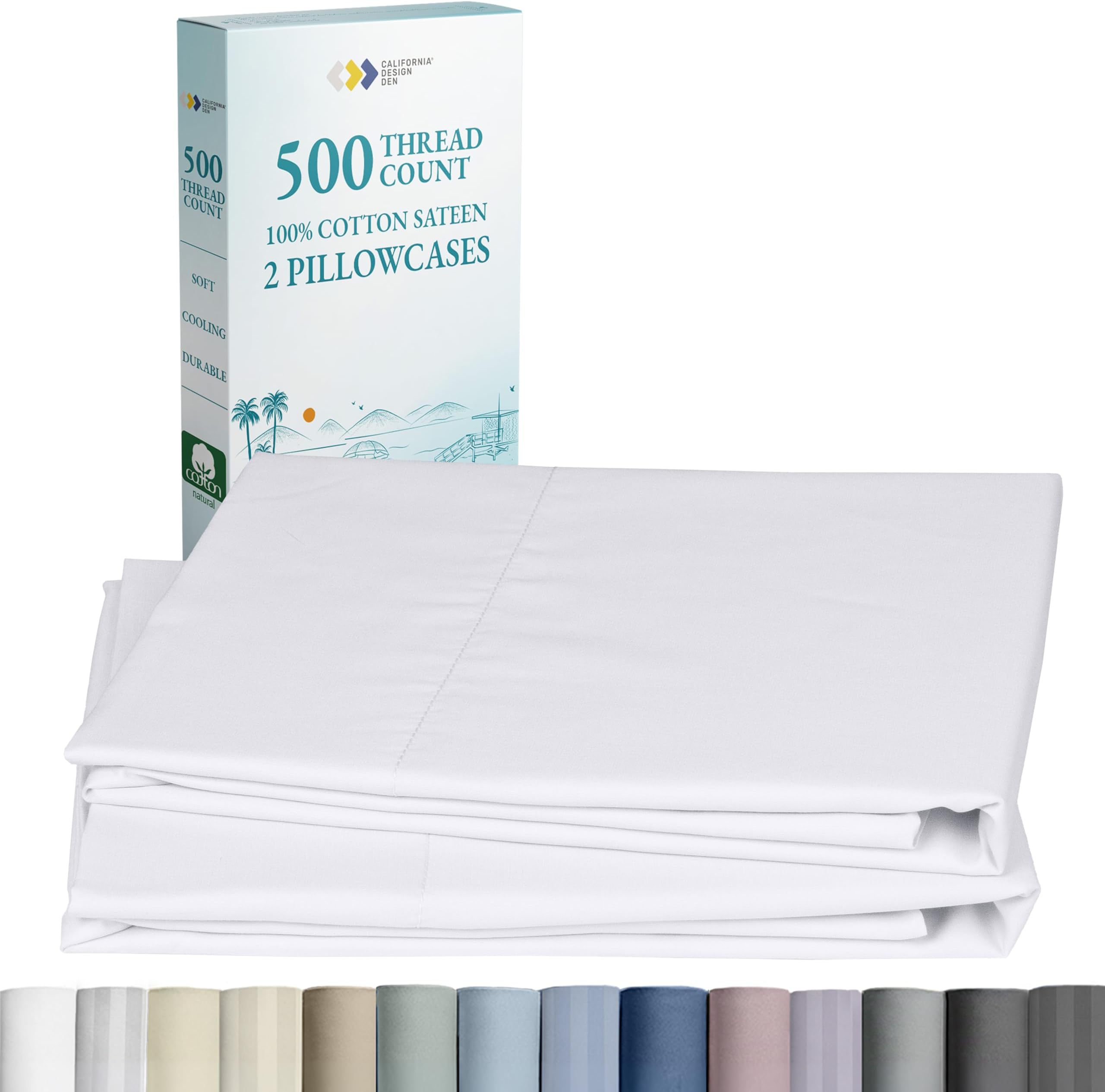 Soft & Silky 500 Thread Count 100% Cotton Sateen, Cool & Smooth with A Classic Opening, Set of 2 King Pillow Cases (Pure White)