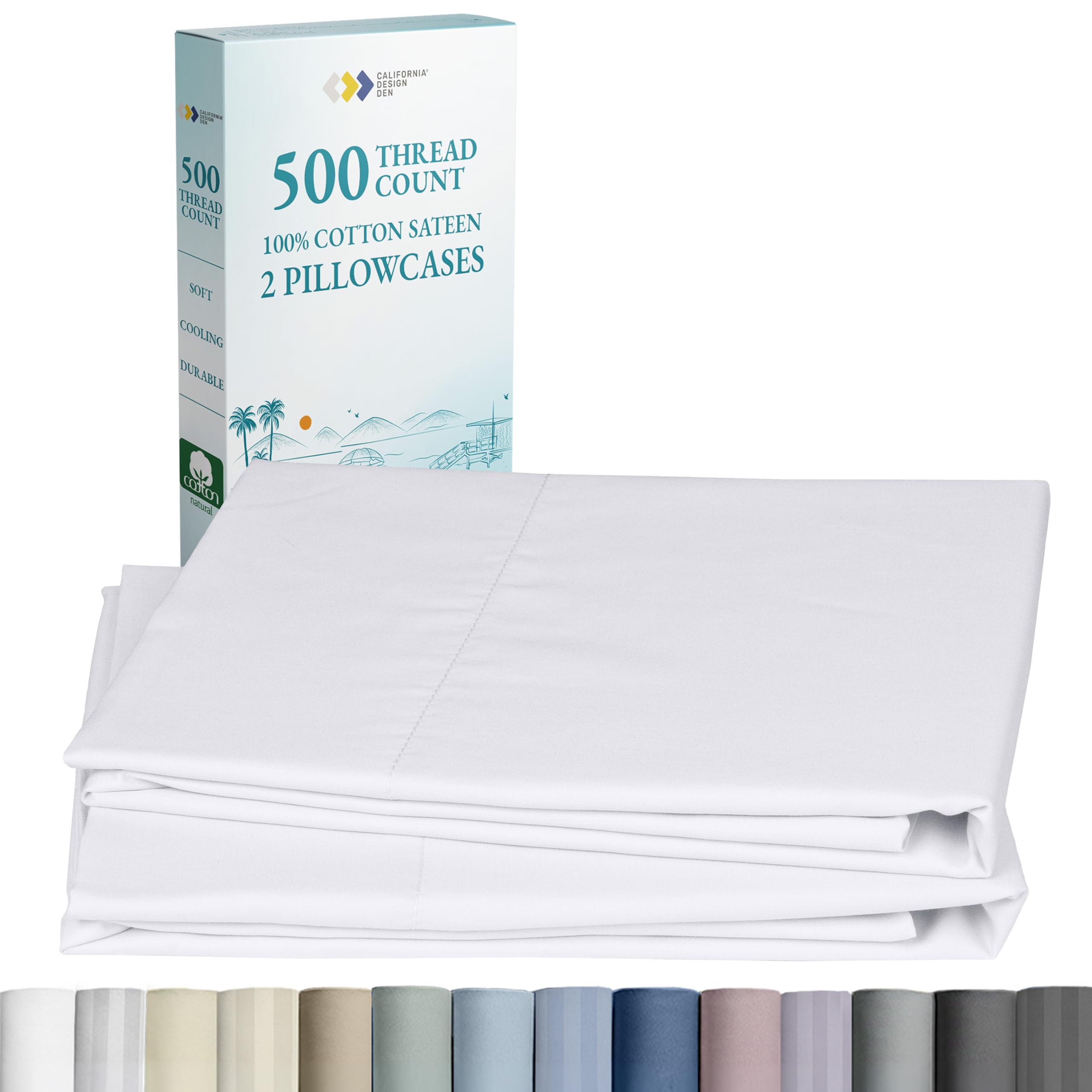 Soft & Silky 500 Thread Count 100% Cotton Sateen, Cool & Smooth with A Classic Opening, Set of 2 King Pillow Cases (Pure White)