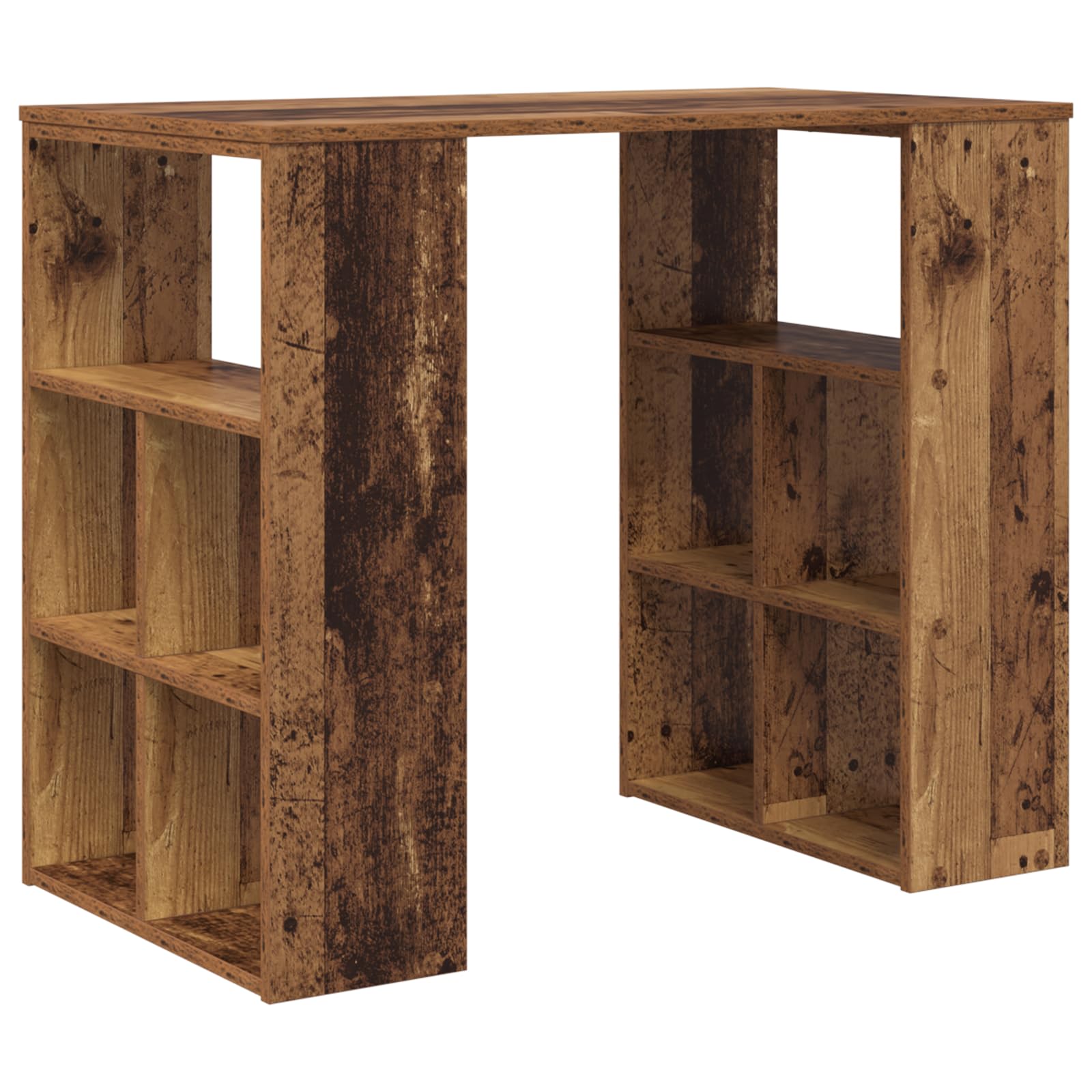 Eckschreibtisch aus Massivholz Altholz Old Wood mit verwitterter brauner Oberfläche und Regalen für Büroorganisation, minimalistisches Design, platzsparend, einfach