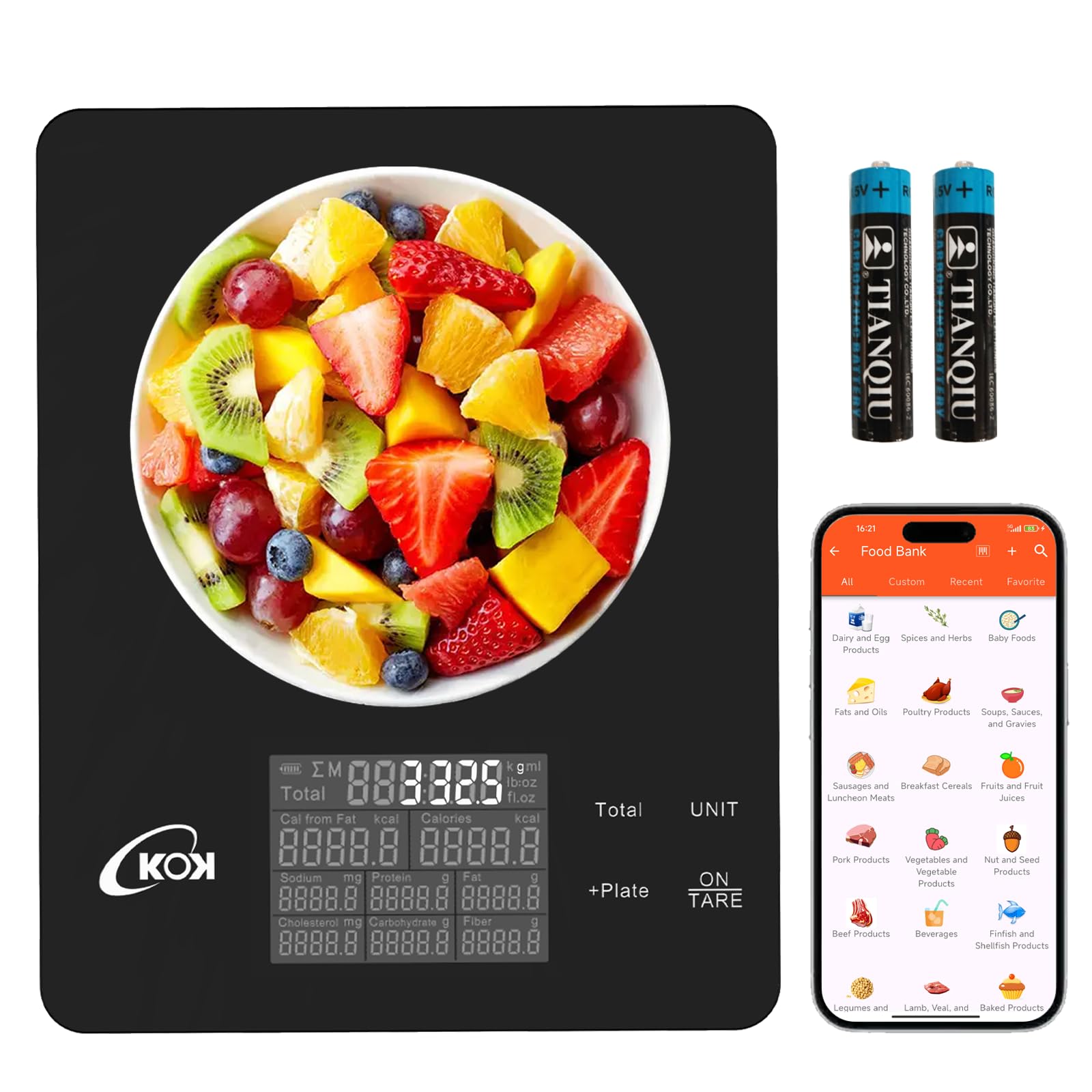 KOK Bilancia alimentare con calcolatrice nutrizionale, bilancia intelligente con app per monitorare carboidrati proteici per la perdita di peso, diabetici, cottura al forno e cheto, bilancia macro da