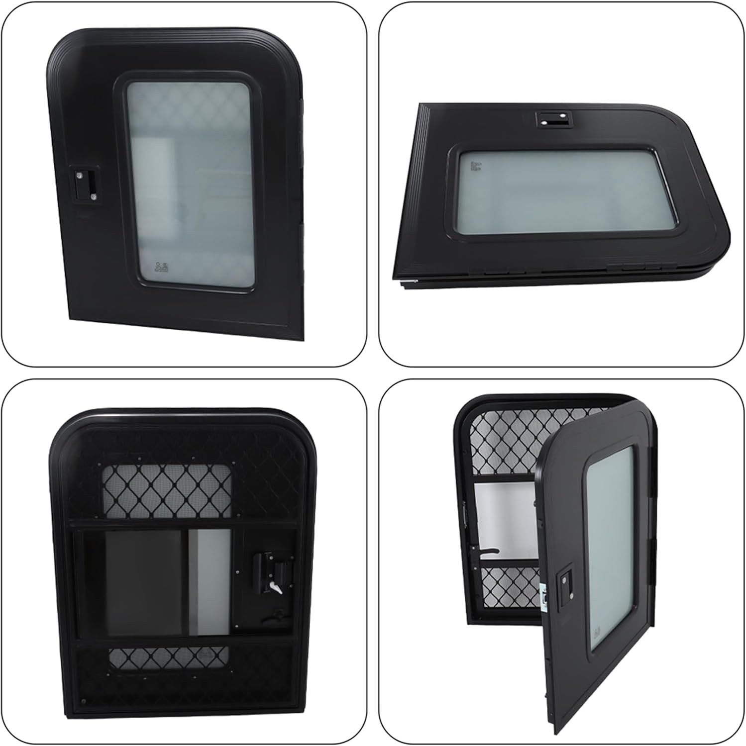26(W) × 32(H) Passenger RV Entry Door with Radius Corners on Top and Square Bottom with Screen Door and Window Black
