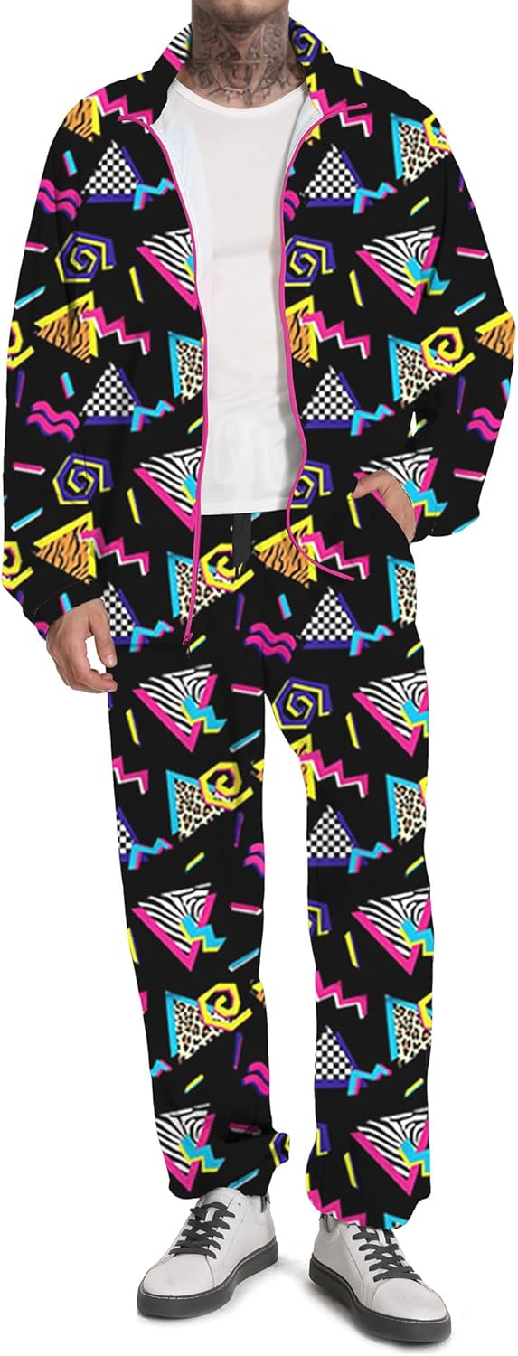 UOUA 80s Outfit Men 90s Tracksuit Costumes Halloween 70s Windbreaker Jacket Track Suit 2 Piece Hip Hop Set