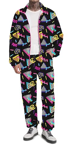 UOUA 80s Outfit Men 90s Tracksuit Costumes Halloween 70s Windbreaker Jacket Track Suit 2 Piece Hip Hop Set