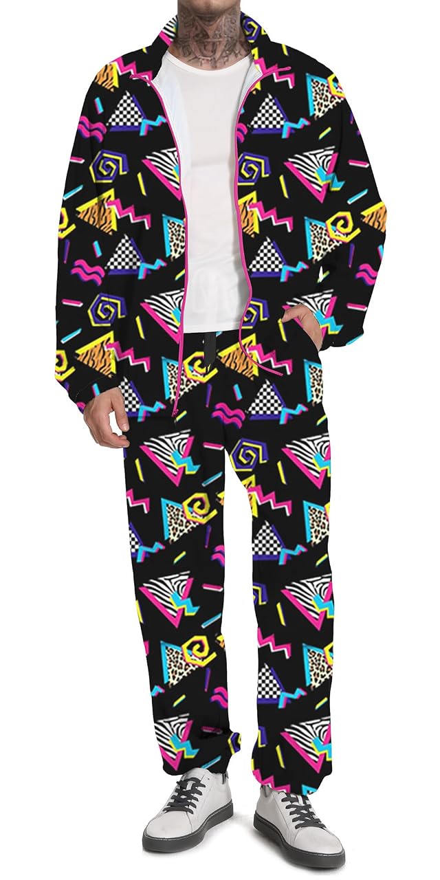 UOUA 80s Outfit Men 90s Tracksuit Costumes Halloween 70s Windbreaker Jacket Track Suit 2 Piece Hip Hop Set