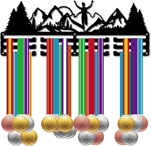 CREATCABIN Running Medal Holder Hanger Medals Rack Mountain Trees Metal Iron Shelf Sports Medal Stand Frame Wall Mounted Hanging Over 60 Medals Hanger for Marathon Runner 15.7 x 6Inch Black