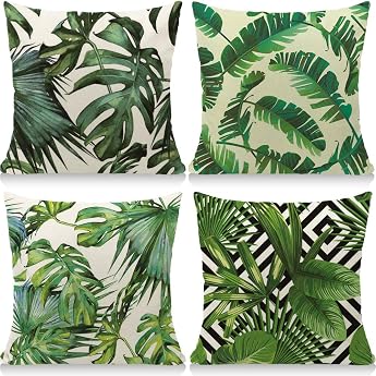 Waterproof Cushion Covers 45 x 45 cm Decorative Outdoor Cushion Waterproof Breathable Tropical Plants Cushion Covers for Sofa Cushions Garden Outdoor Pack of 4