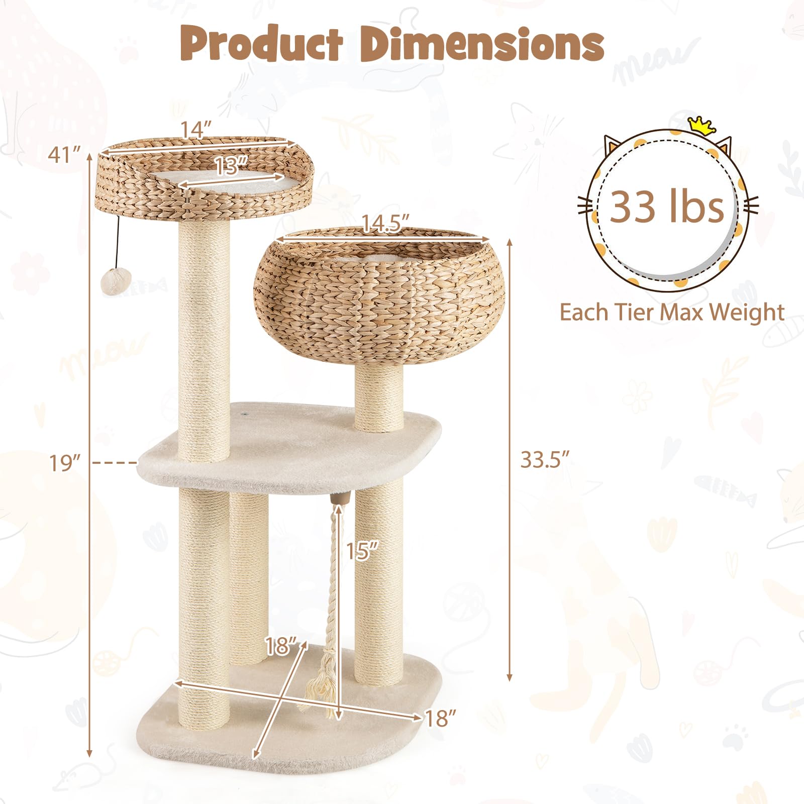 Tangkula Moderno árbol para gatos, torre alta para gatos con poste rascador de sisal natural, condominio de mimbre hecho a mano y percha superior, divertida bola de juguete colgante, bonita torre de