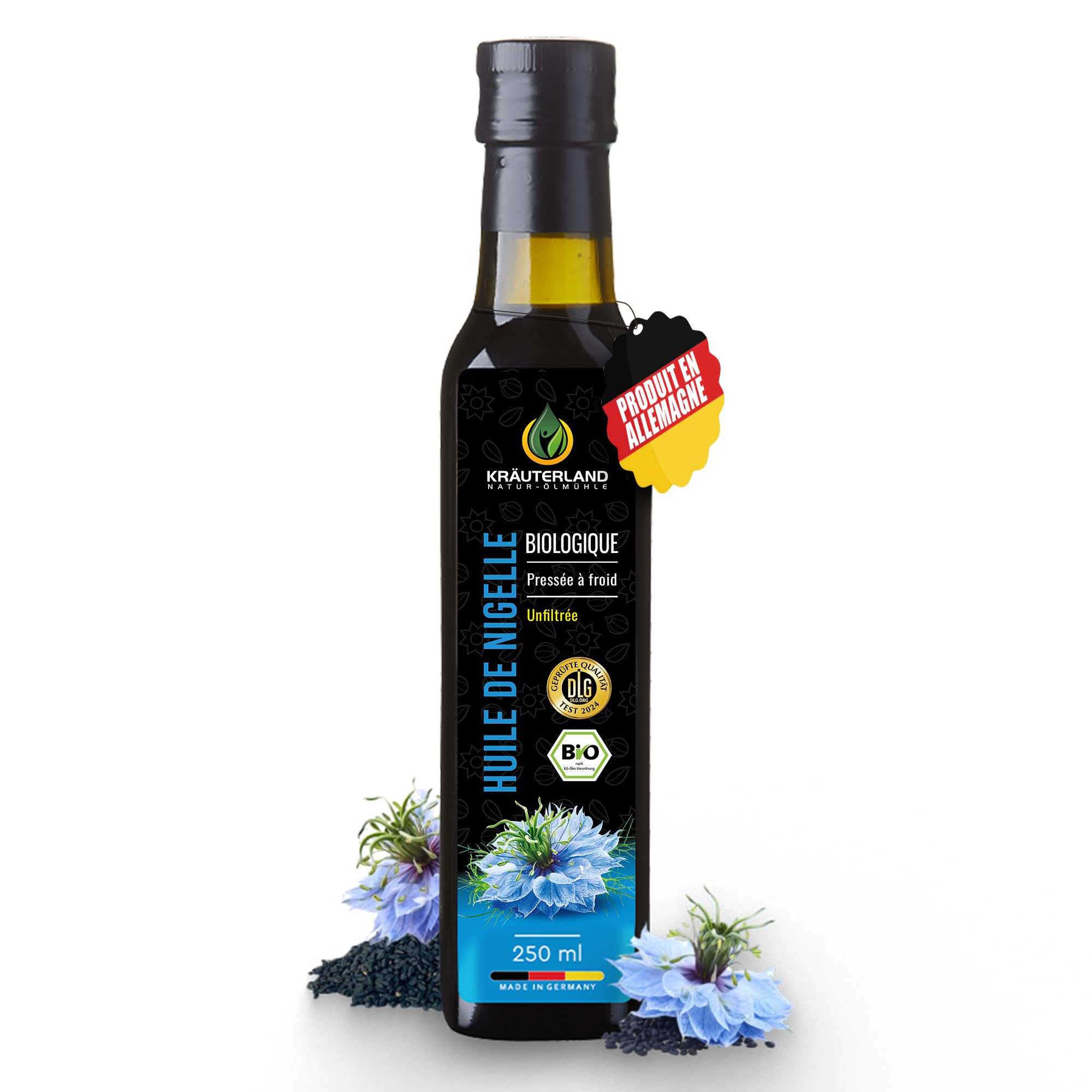 Kräuterland Bio Huile de Nigelle 250ml, non filtrée, pressée à froid,égyptienne, nigella sativa, végétalienne